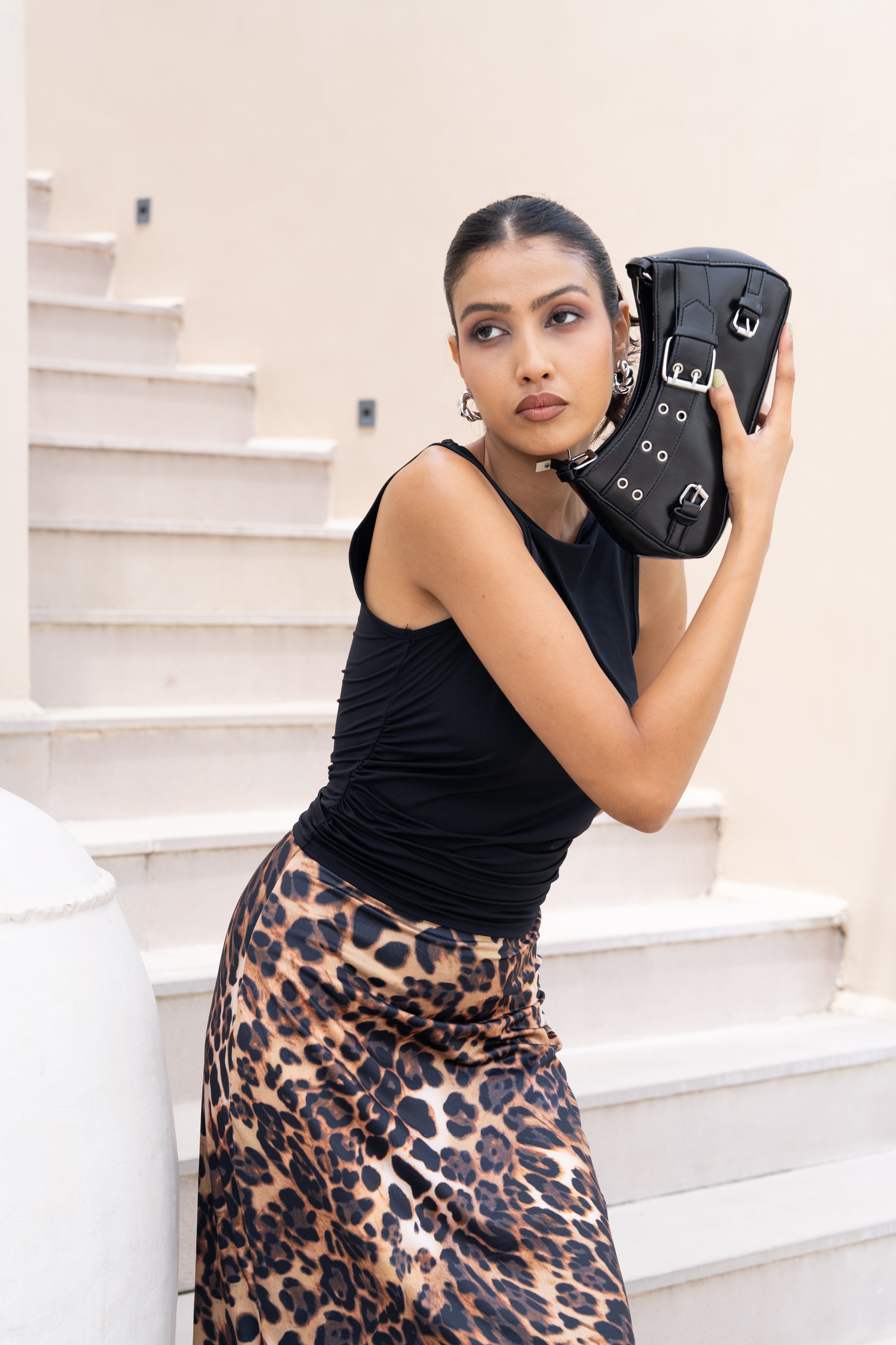 Leopard Print Co-ord Set – Black Sleeveless Top & Animal Print Maxi Skirt for Women