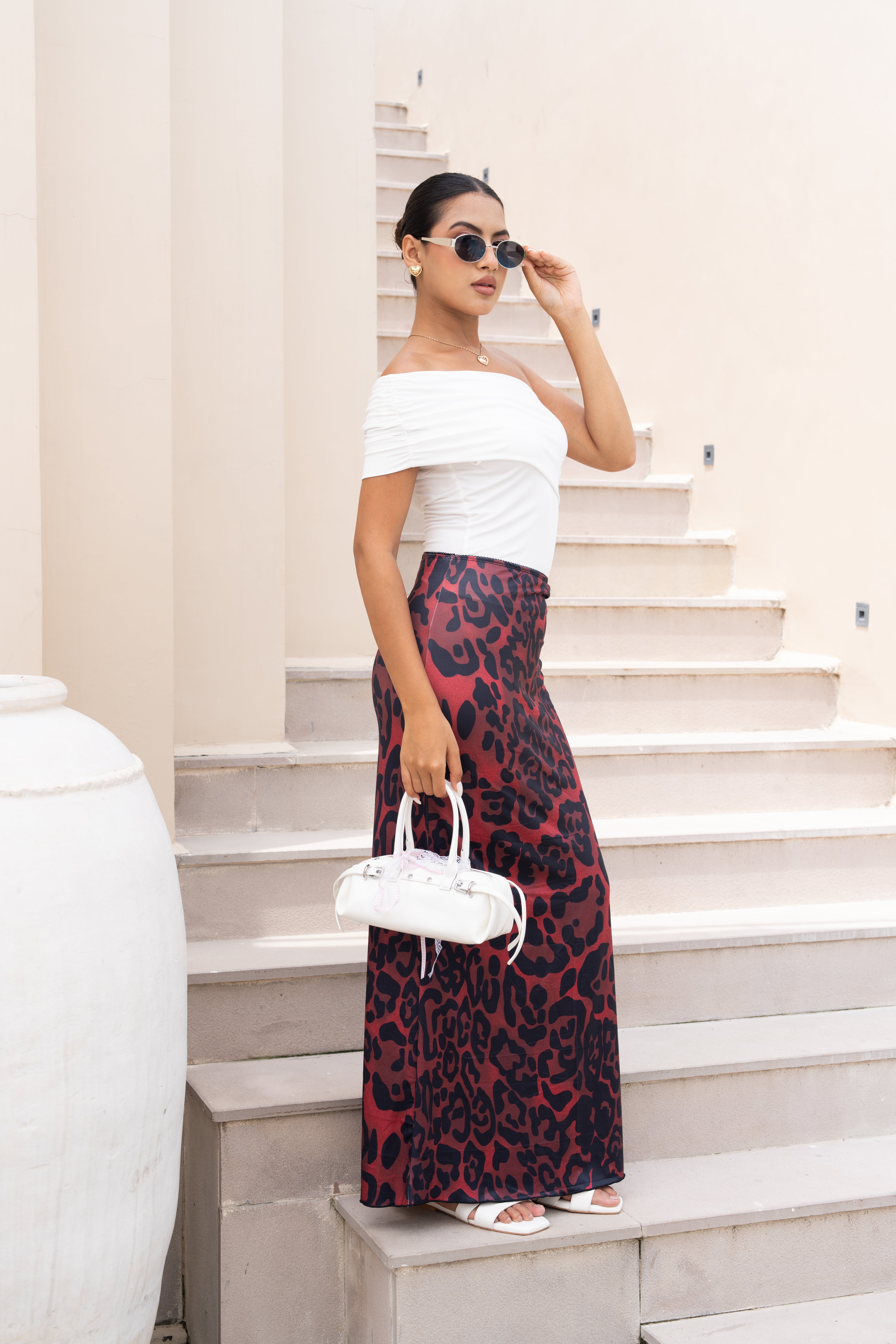 White Off-Shoulder Top & Red Leopard Print Skirt Co-ord Set – Elegant Two-Piece Outfit for Women