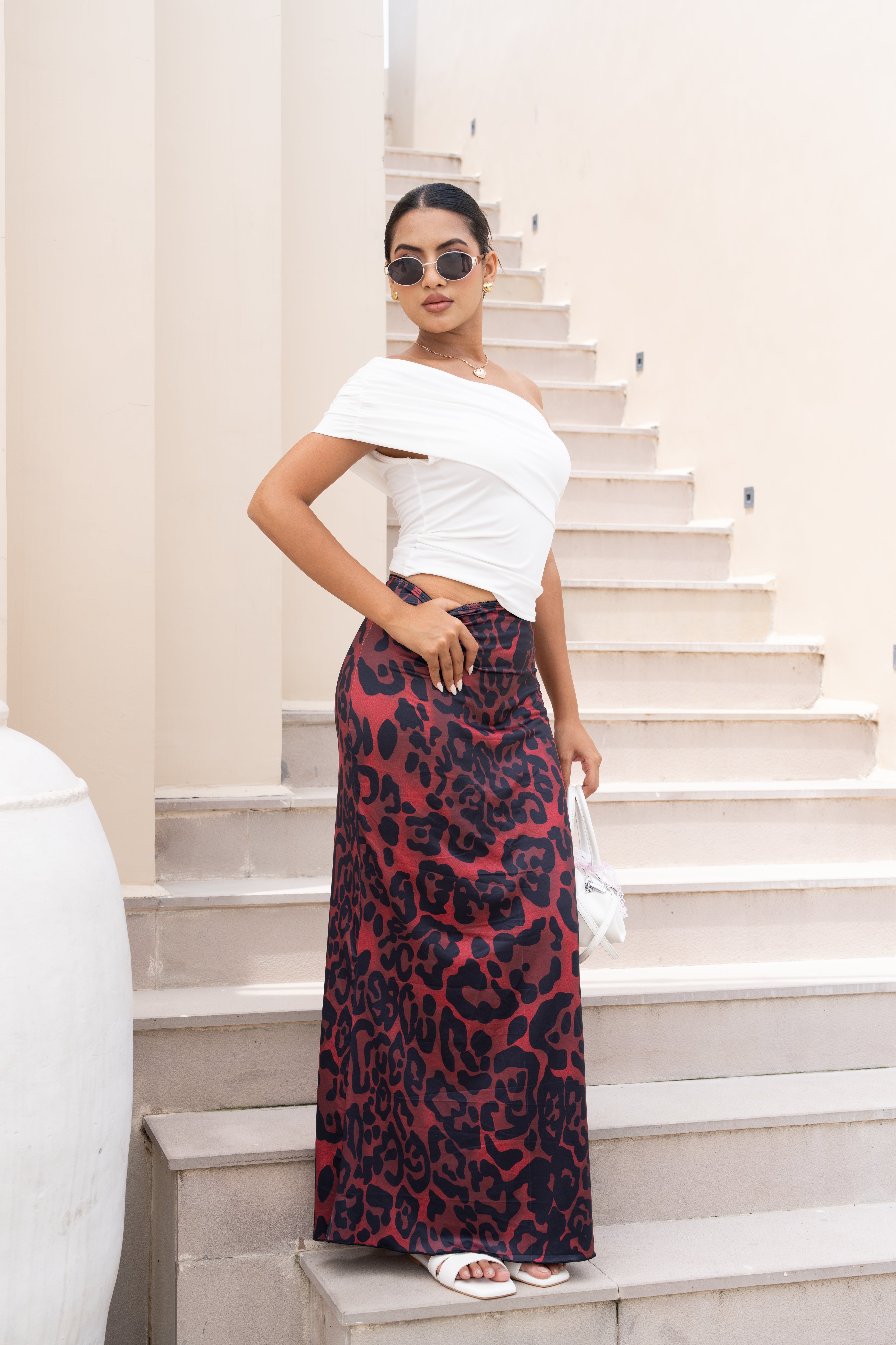White Off-Shoulder Top & Red Leopard Print Skirt Co-ord Set – Elegant Two-Piece Outfit for Women