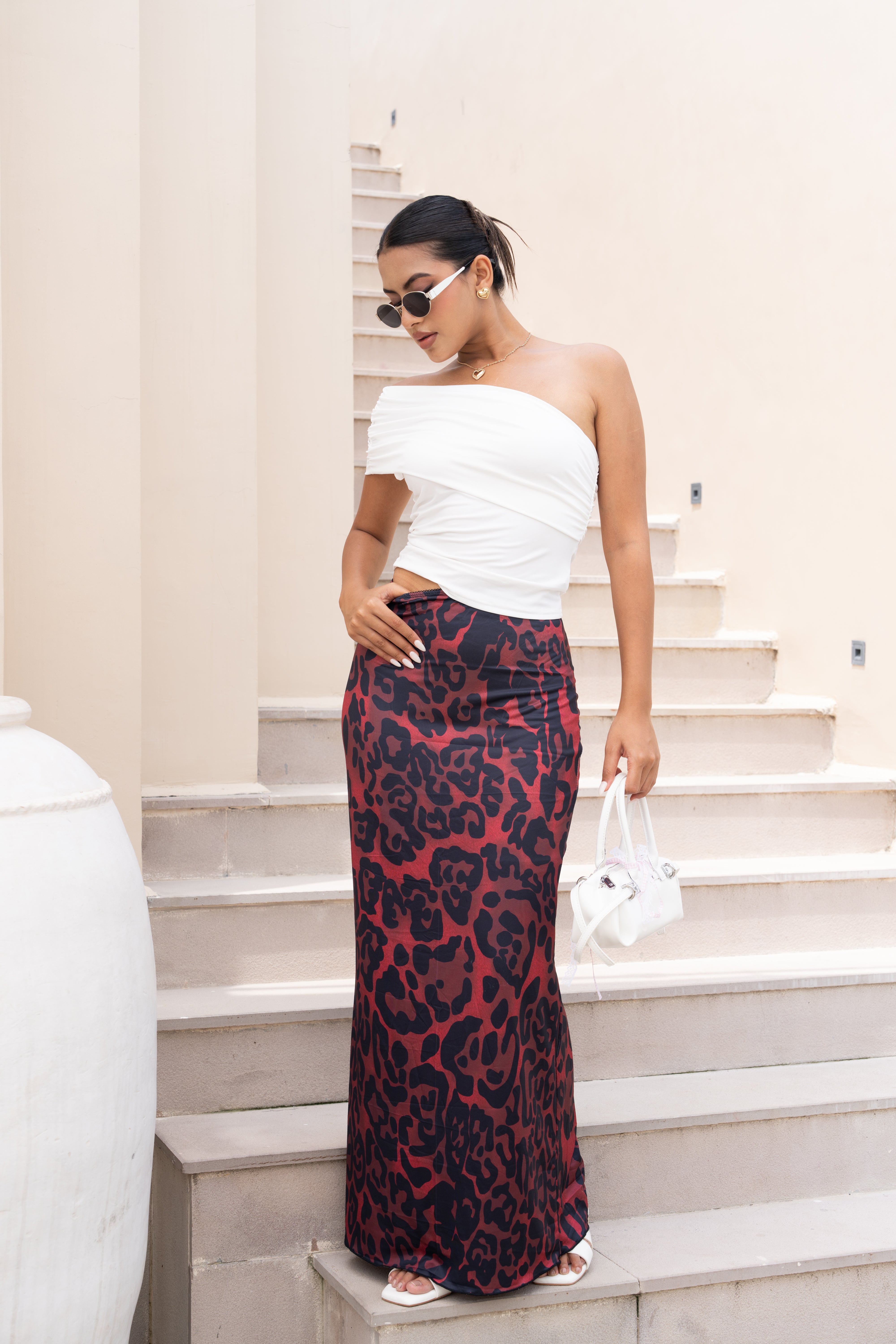 White Off-Shoulder Top & Red Leopard Print Skirt Co-ord Set – Elegant Two-Piece Outfit for Women