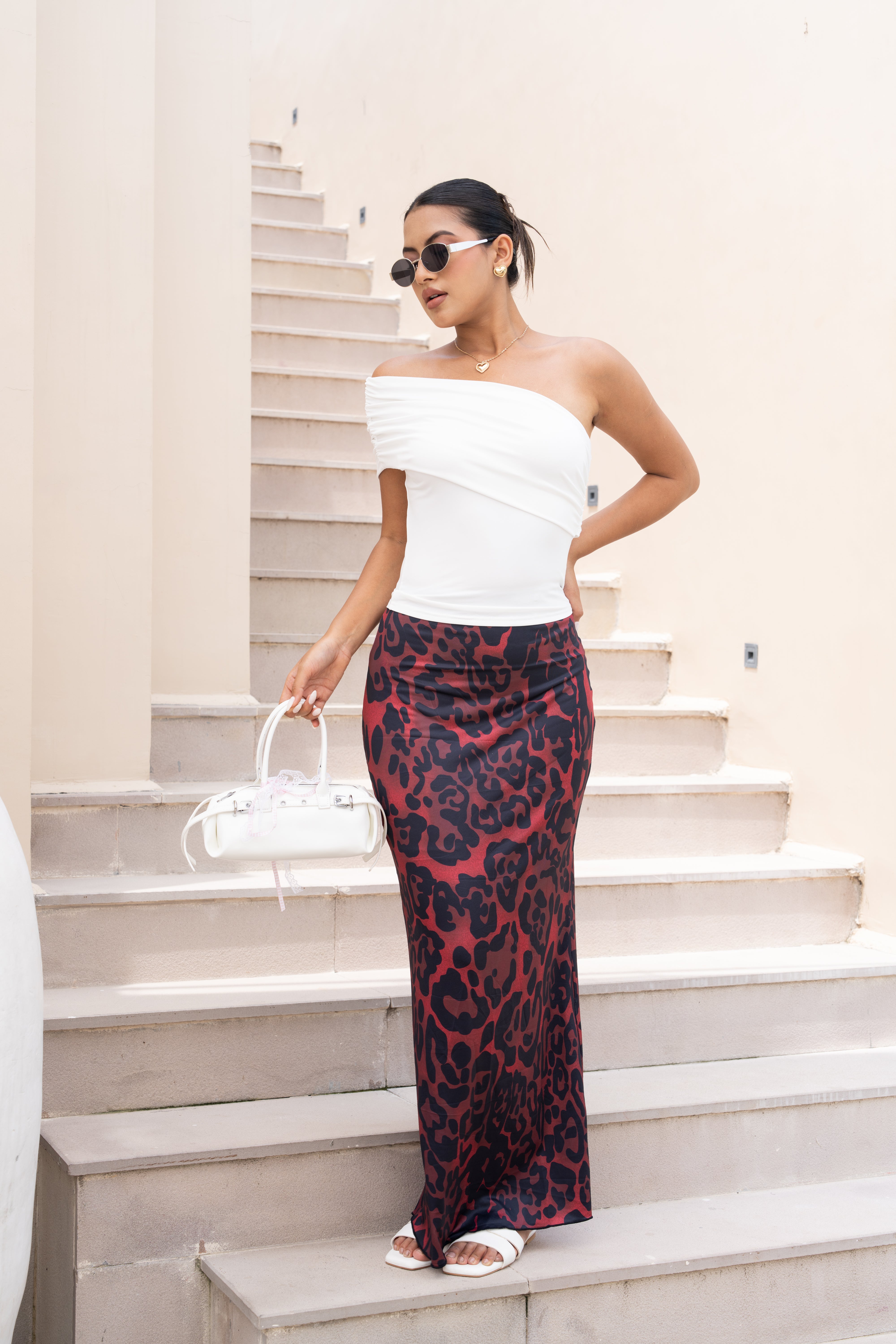 White Off-Shoulder Top & Red Leopard Print Skirt Co-ord Set – Elegant Two-Piece Outfit for Women