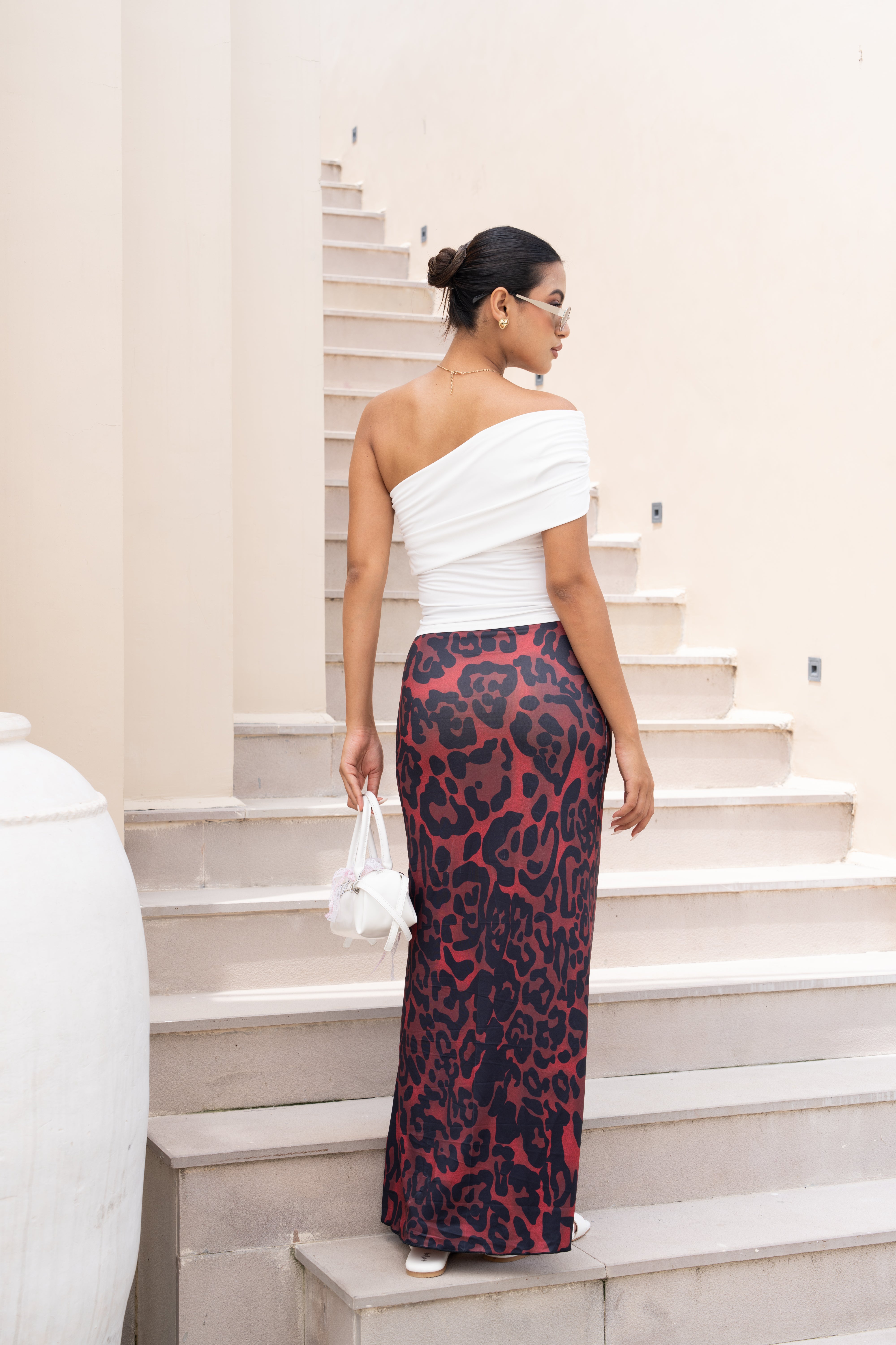 White Off-Shoulder Top & Red Leopard Print Skirt Co-ord Set – Elegant Two-Piece Outfit for Women