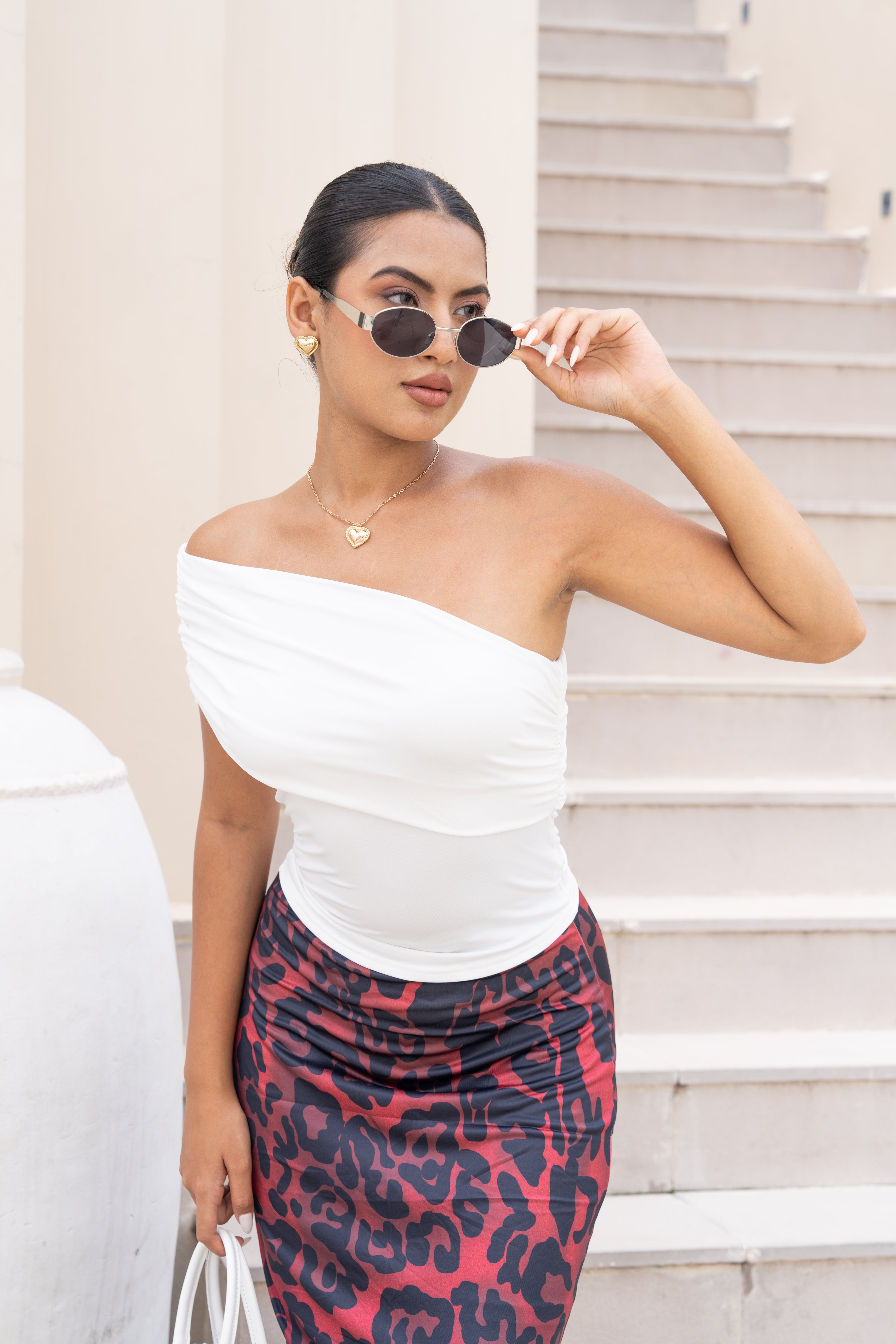 White Off-Shoulder Top & Red Leopard Print Skirt Co-ord Set – Elegant Two-Piece Outfit for Women