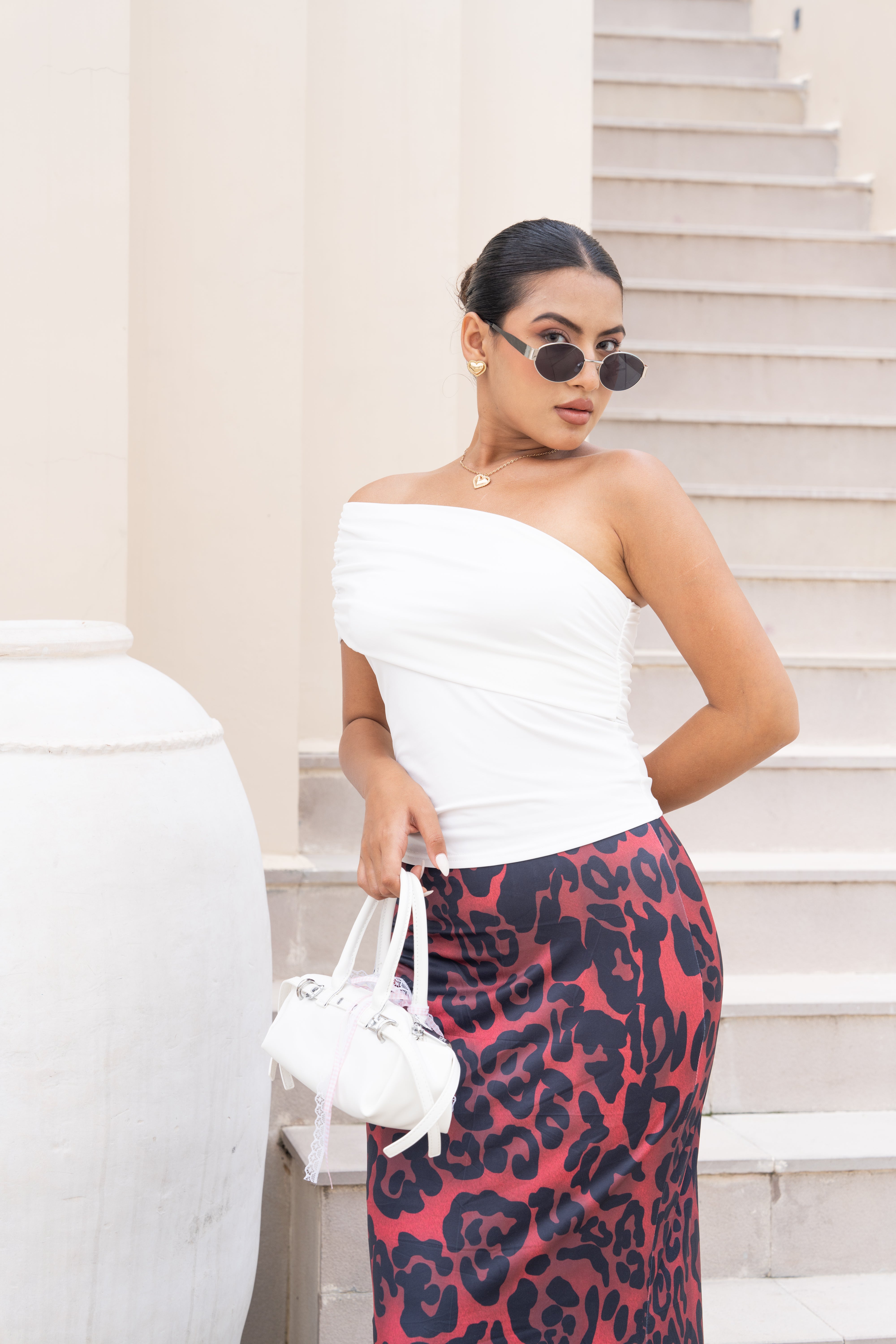 White Off-Shoulder Top & Red Leopard Print Skirt Co-ord Set – Elegant Two-Piece Outfit for Women