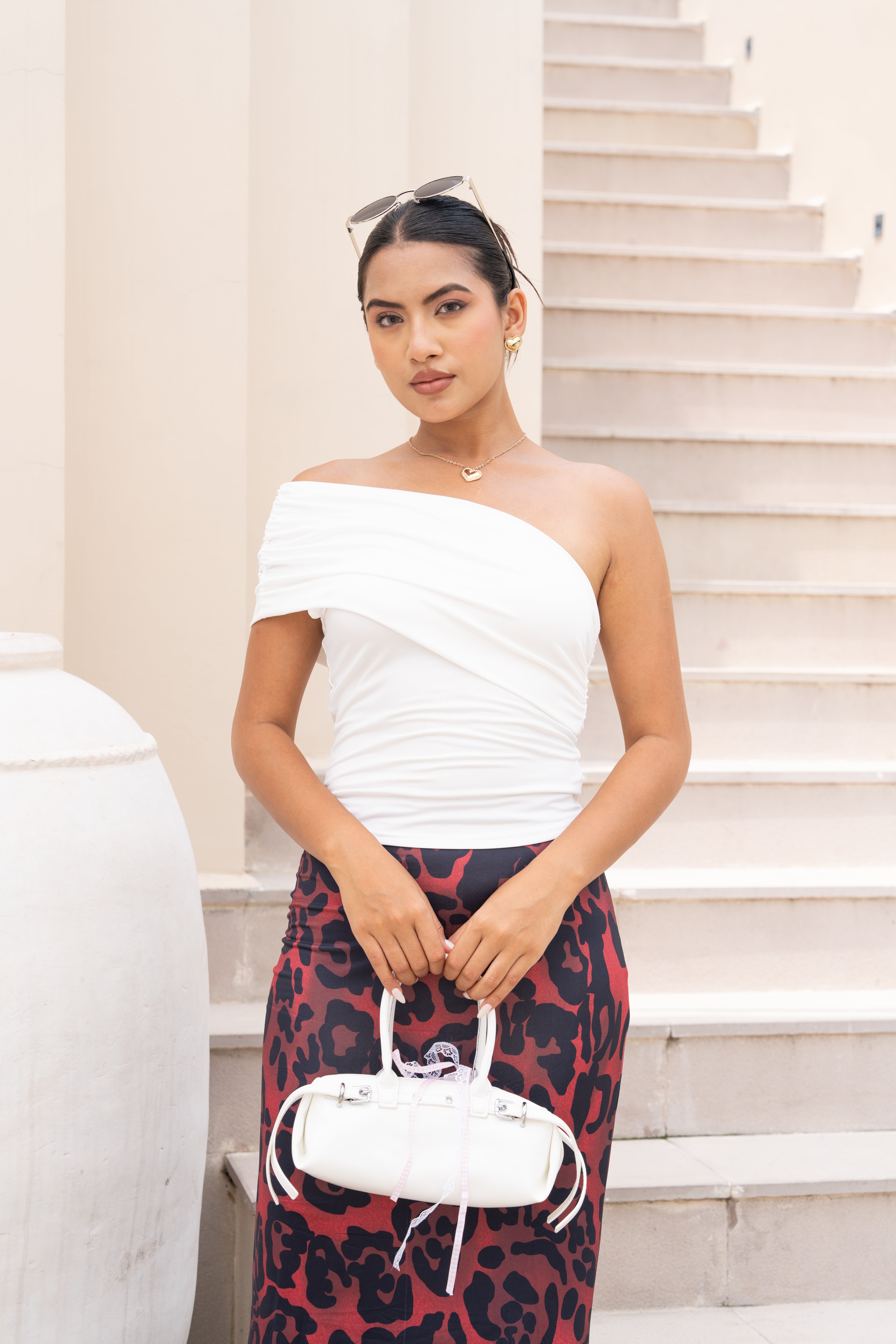 White Off-Shoulder Top & Red Leopard Print Skirt Co-ord Set – Elegant Two-Piece Outfit for Women