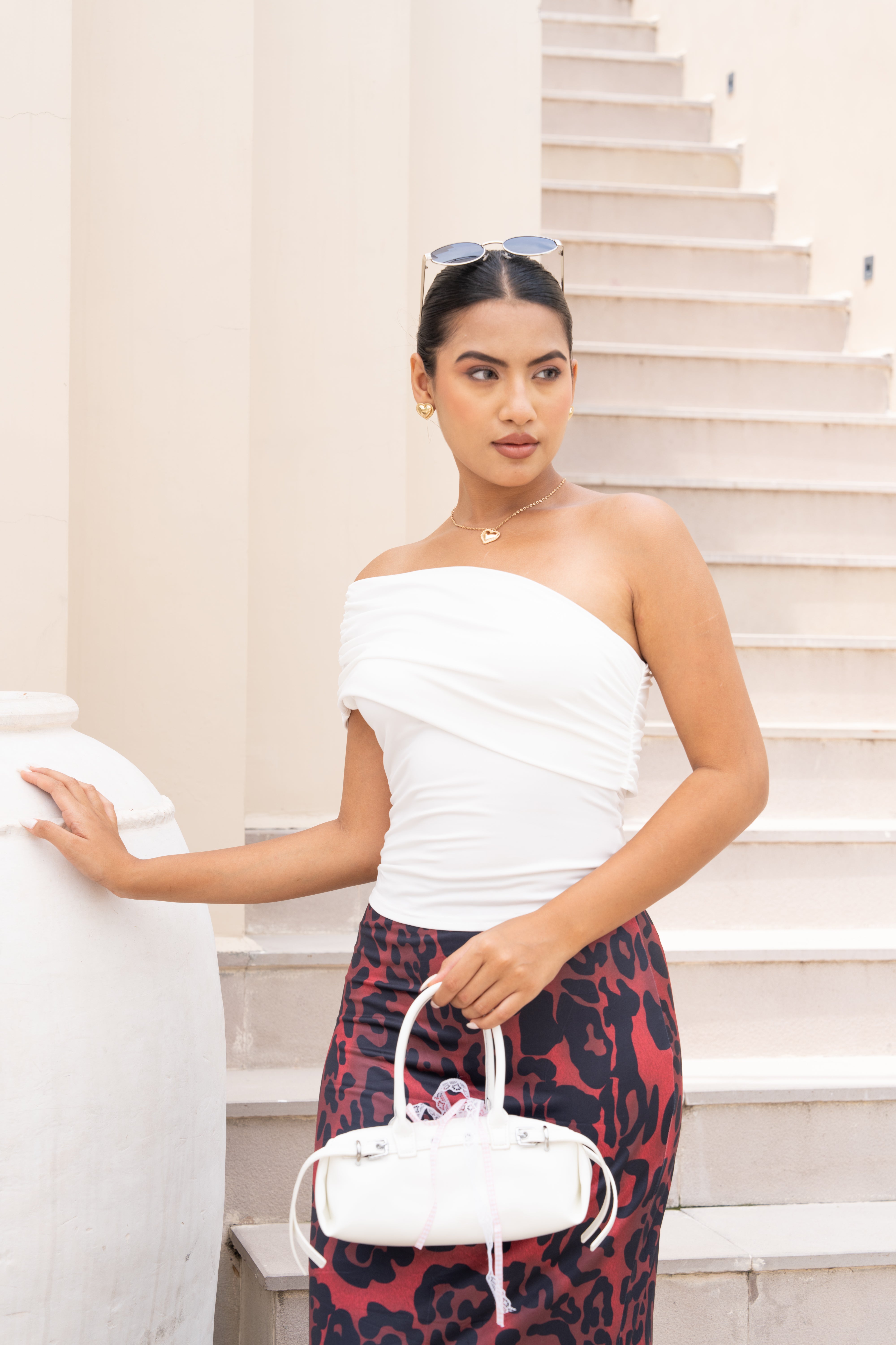 White Off-Shoulder Top & Red Leopard Print Skirt Co-ord Set – Elegant Two-Piece Outfit for Women