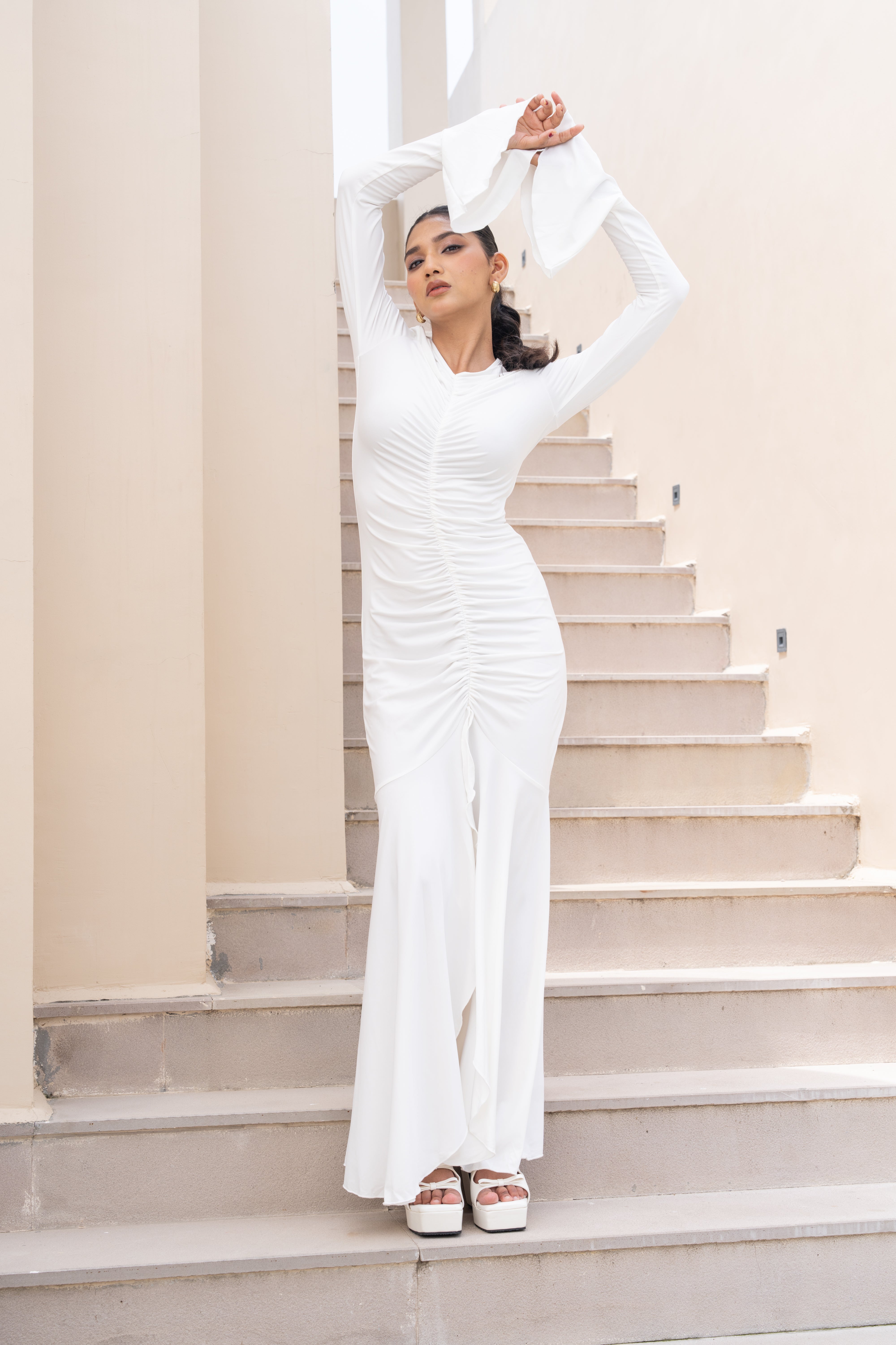 White Ruched Slit Maxi Gown with Flared Sleeves – Elegant Evening Dress for Women