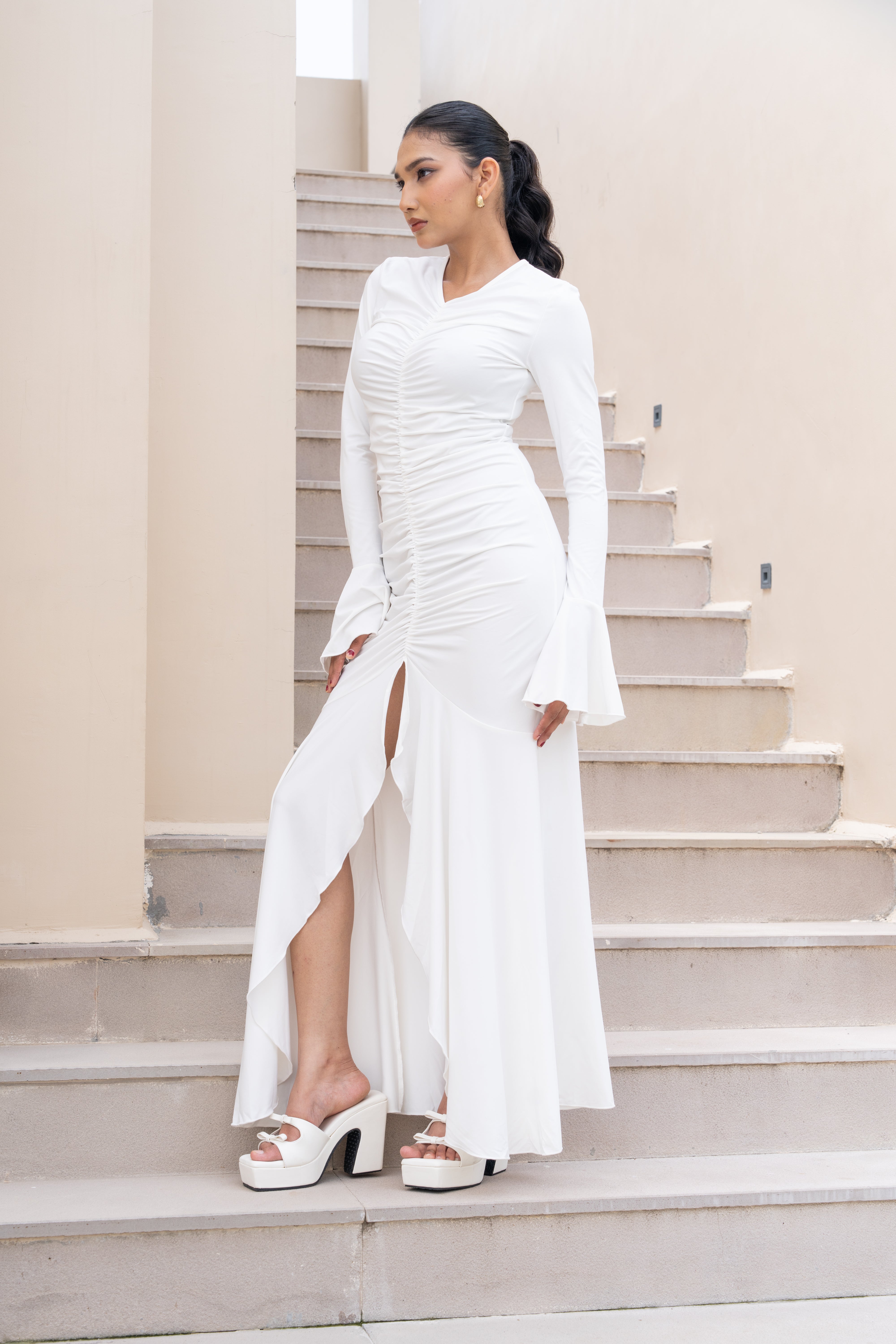White Ruched Slit Maxi Gown with Flared Sleeves – Elegant Evening Dress for Women