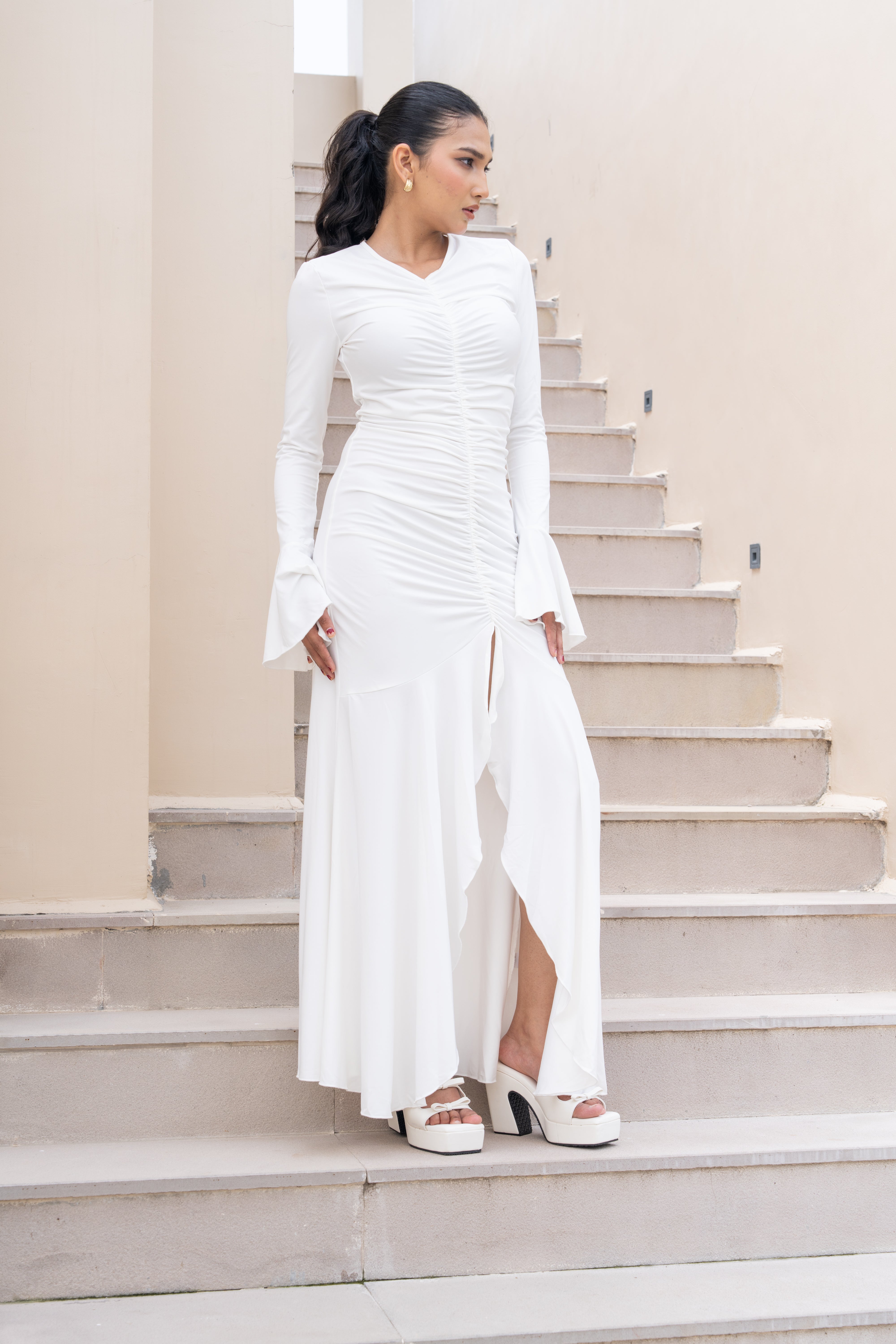 White Ruched Slit Maxi Gown with Flared Sleeves – Elegant Evening Dress for Women
