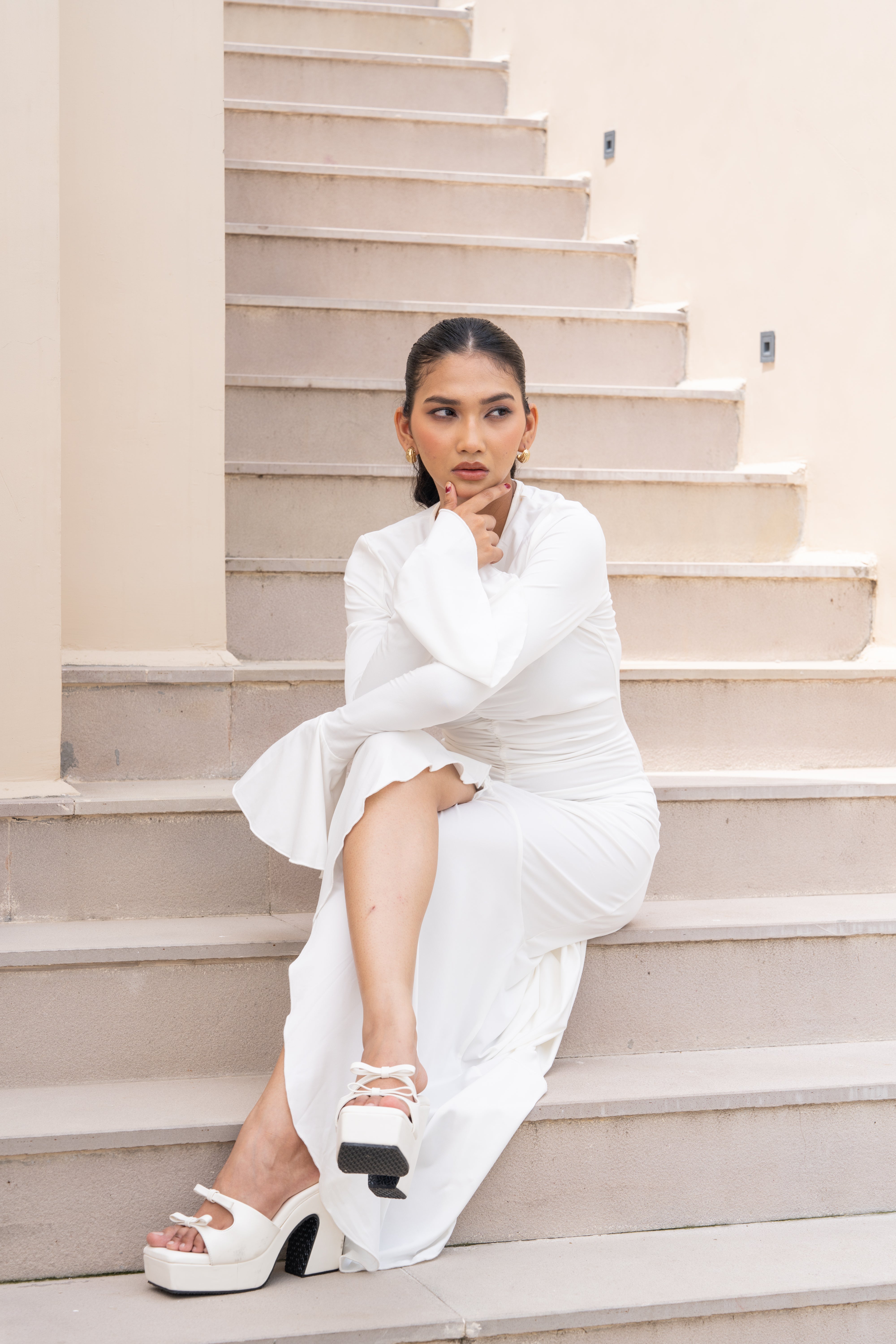 White Ruched Slit Maxi Gown with Flared Sleeves – Elegant Evening Dress for Women