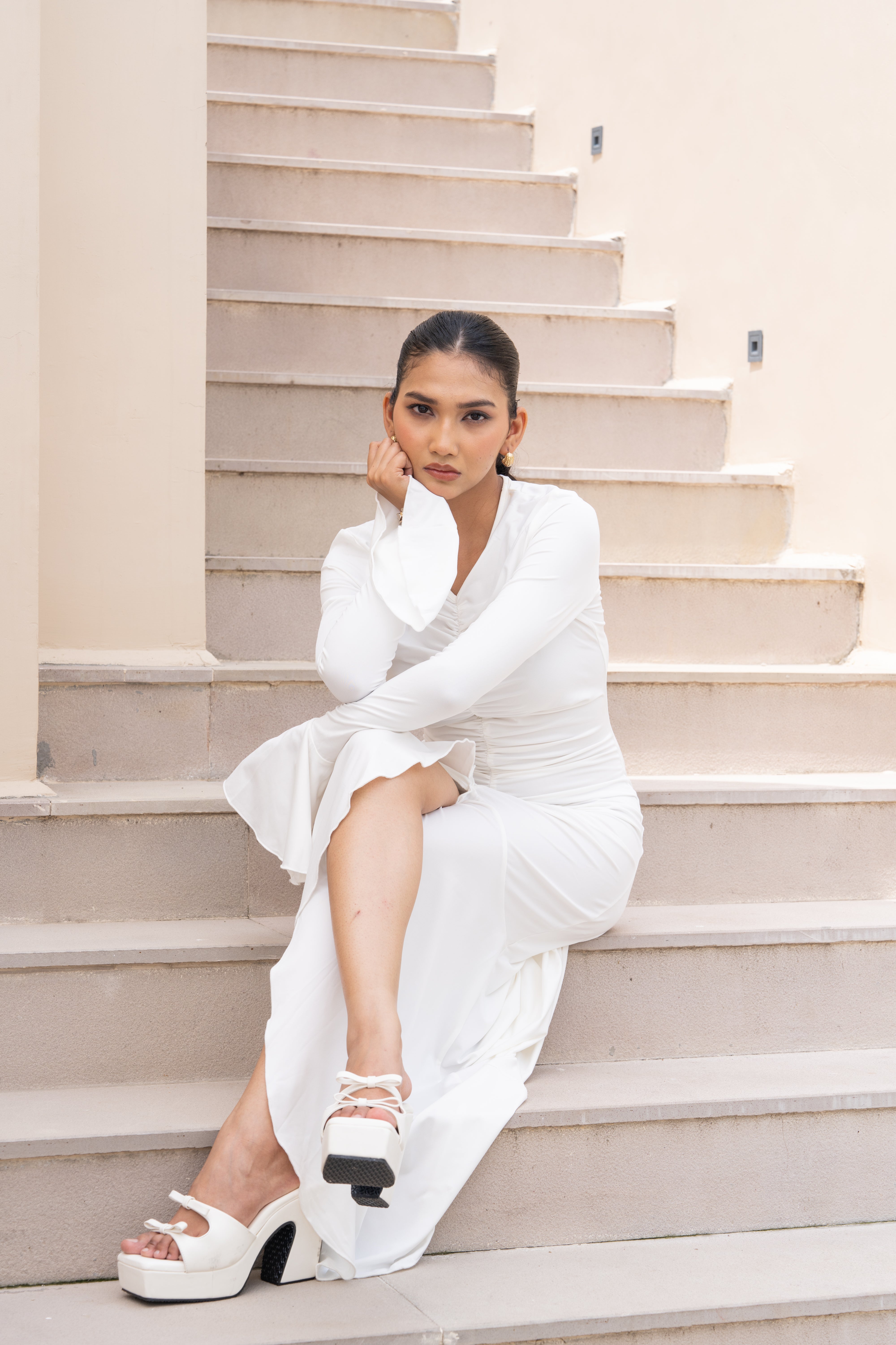 White Ruched Slit Maxi Gown with Flared Sleeves – Elegant Evening Dress for Women