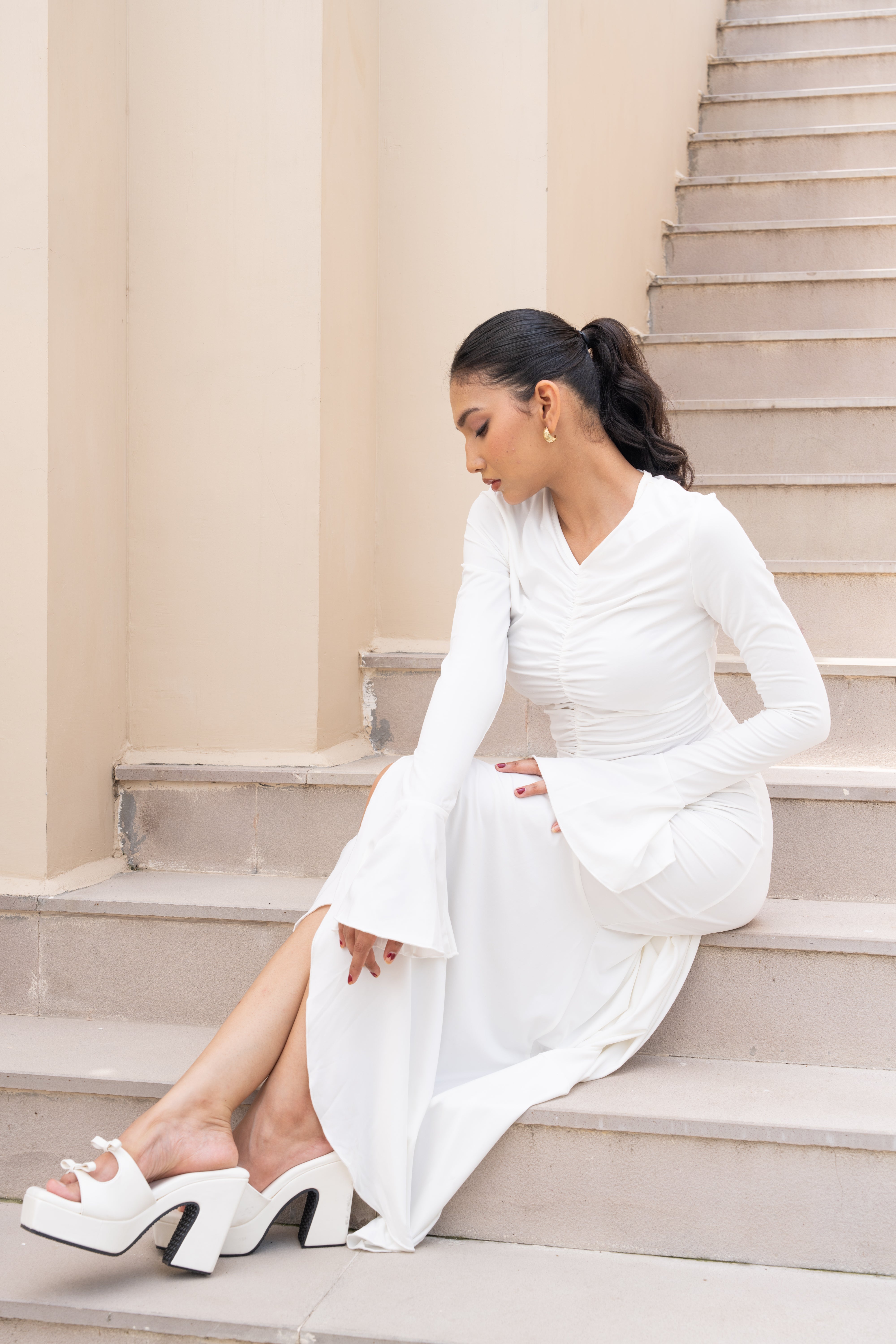 White Ruched Slit Maxi Gown with Flared Sleeves – Elegant Evening Dress for Women