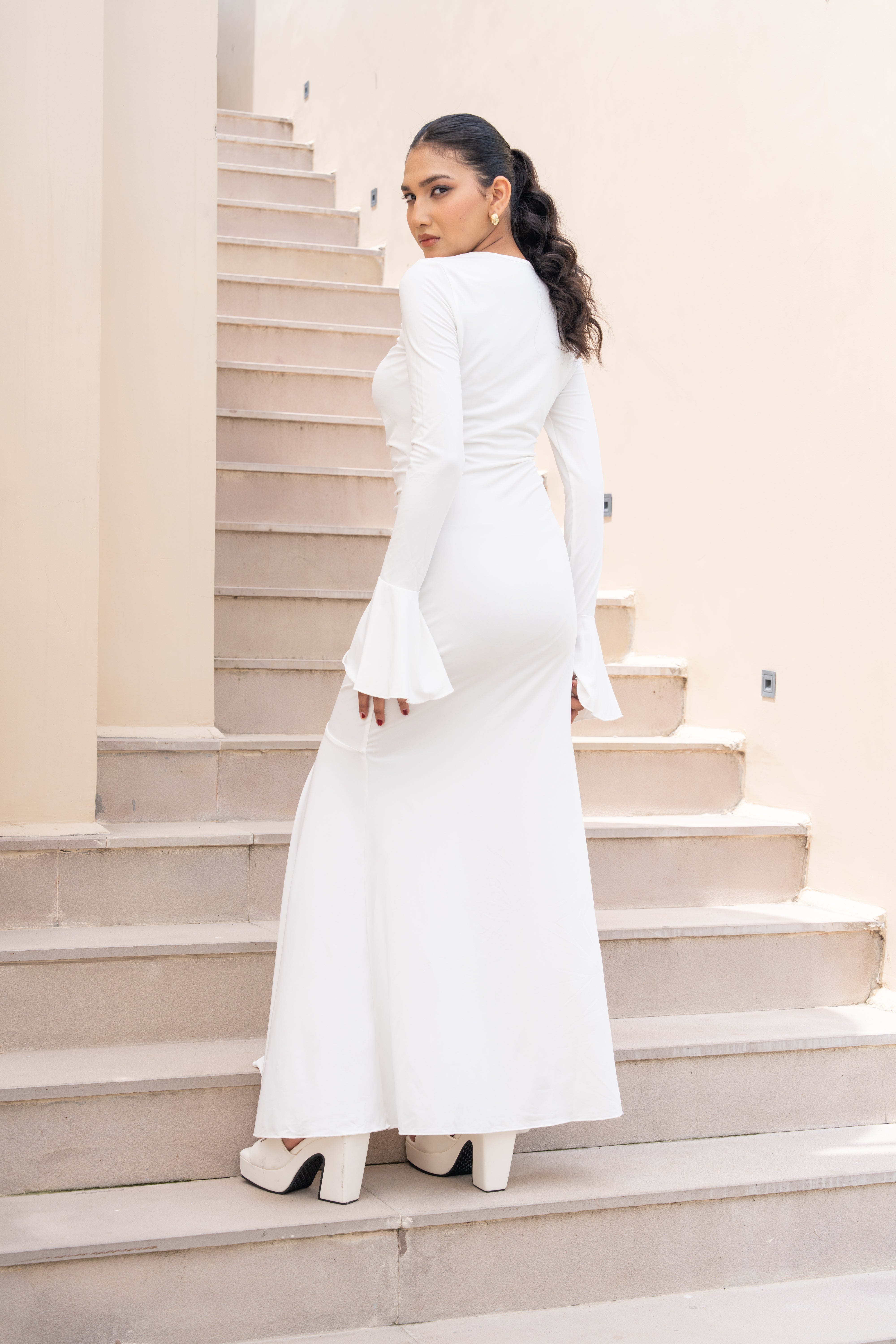 White Ruched Slit Maxi Gown with Flared Sleeves – Elegant Evening Dress for Women