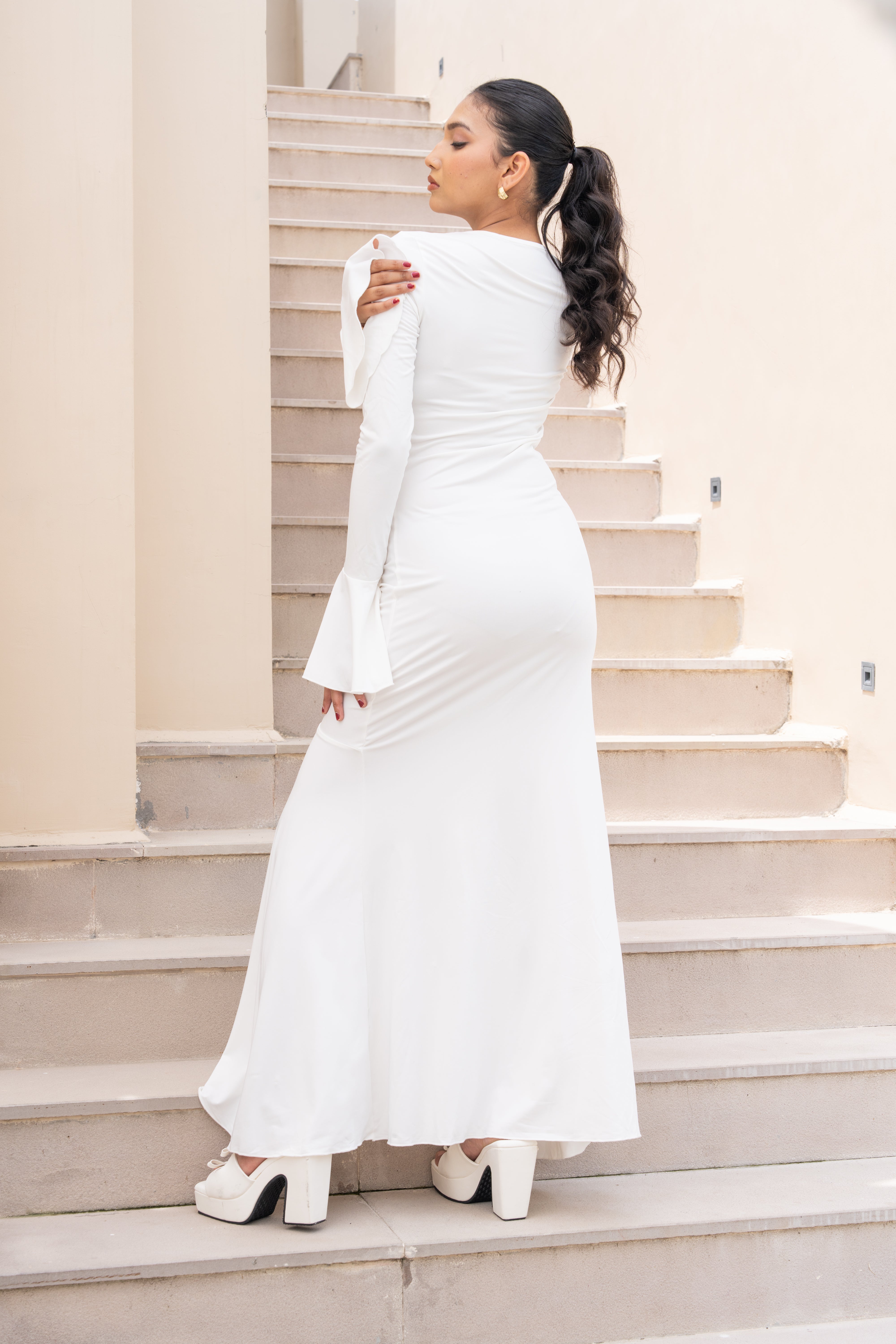 White Ruched Slit Maxi Gown with Flared Sleeves – Elegant Evening Dress for Women