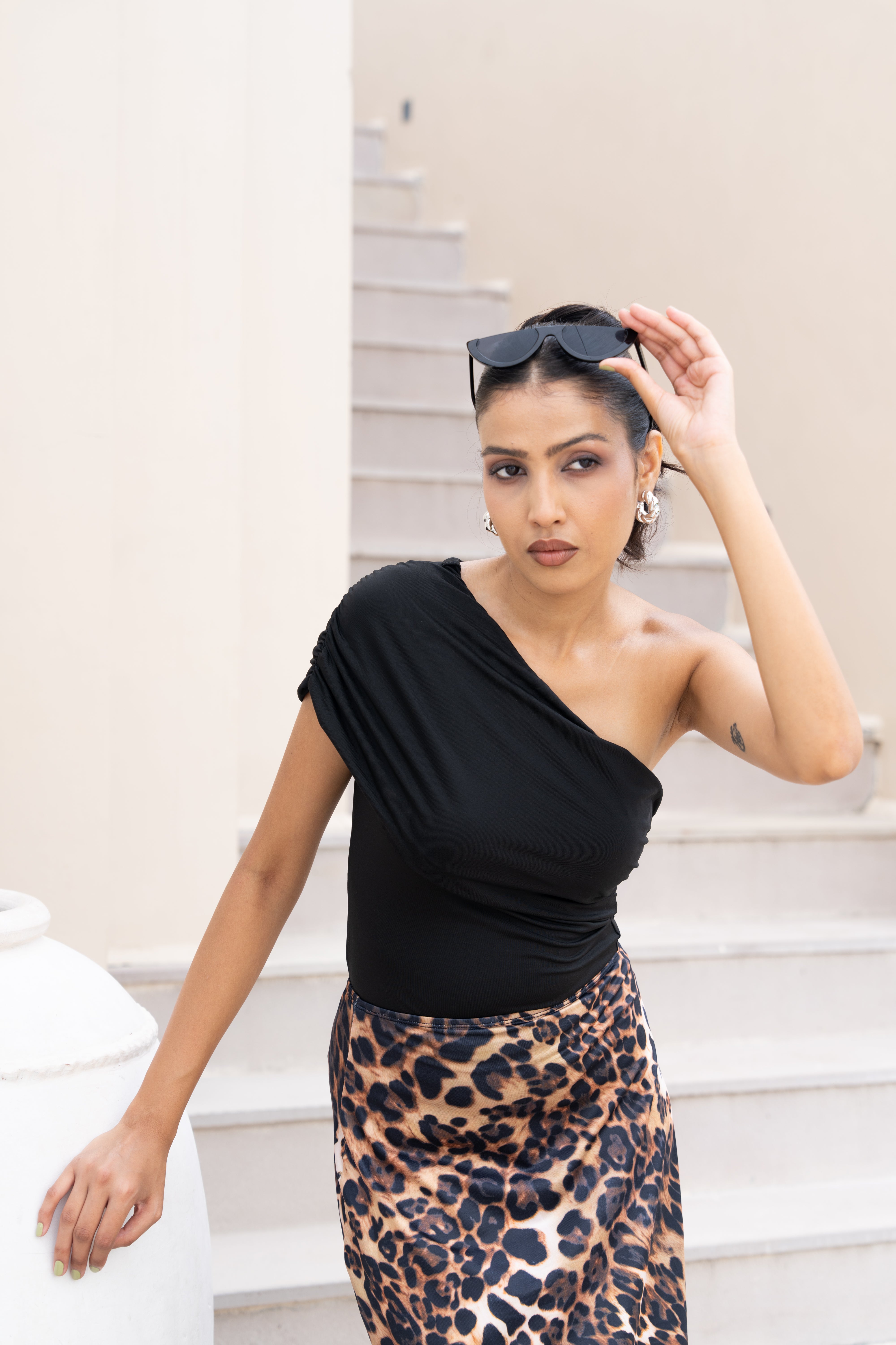 Black One-Shoulder Top & Leopard Print Maxi Skirt Set – Trendy Co-Ord for Women
