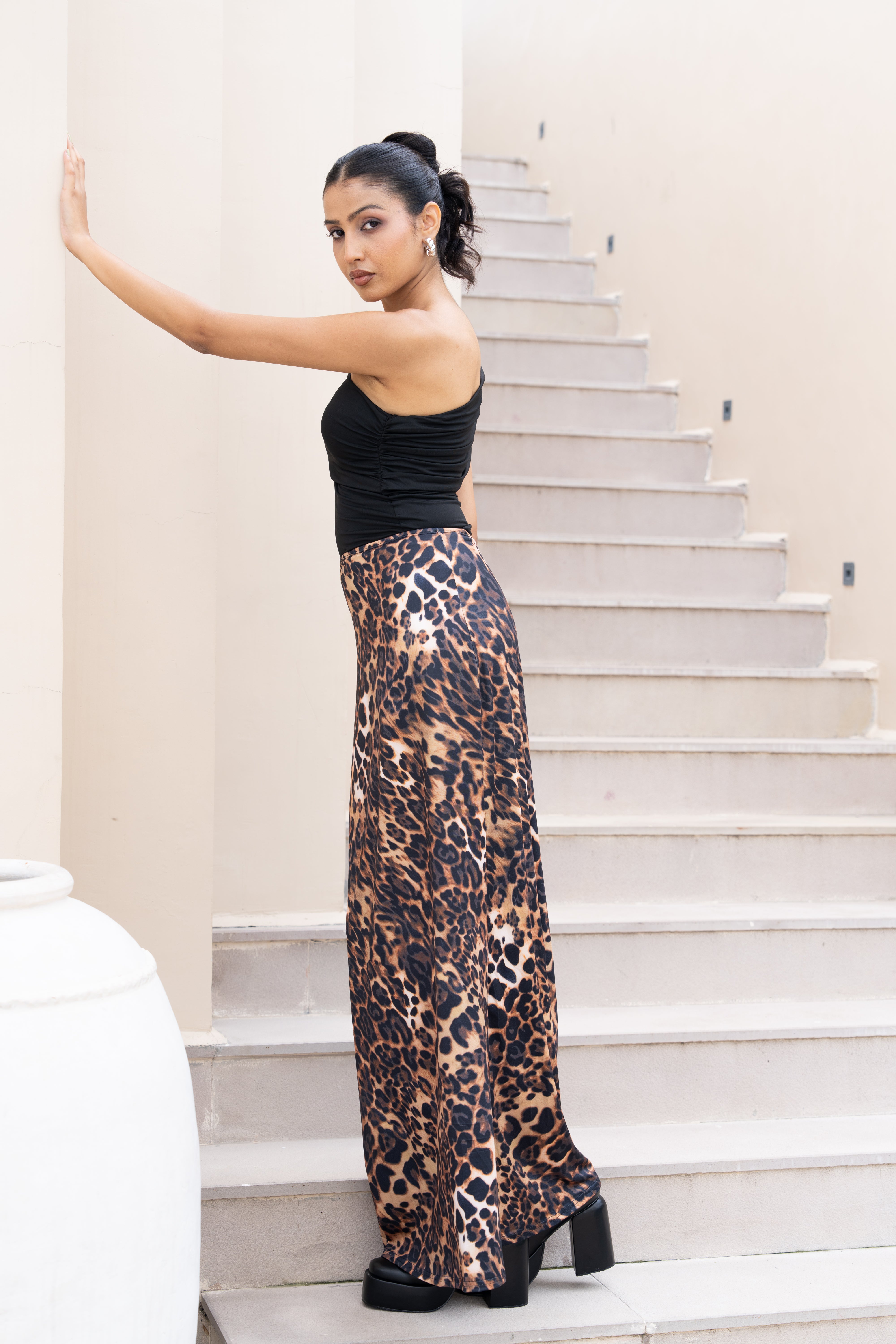 Black One-Shoulder Top & Leopard Print Maxi Skirt Set – Trendy Co-Ord for Women