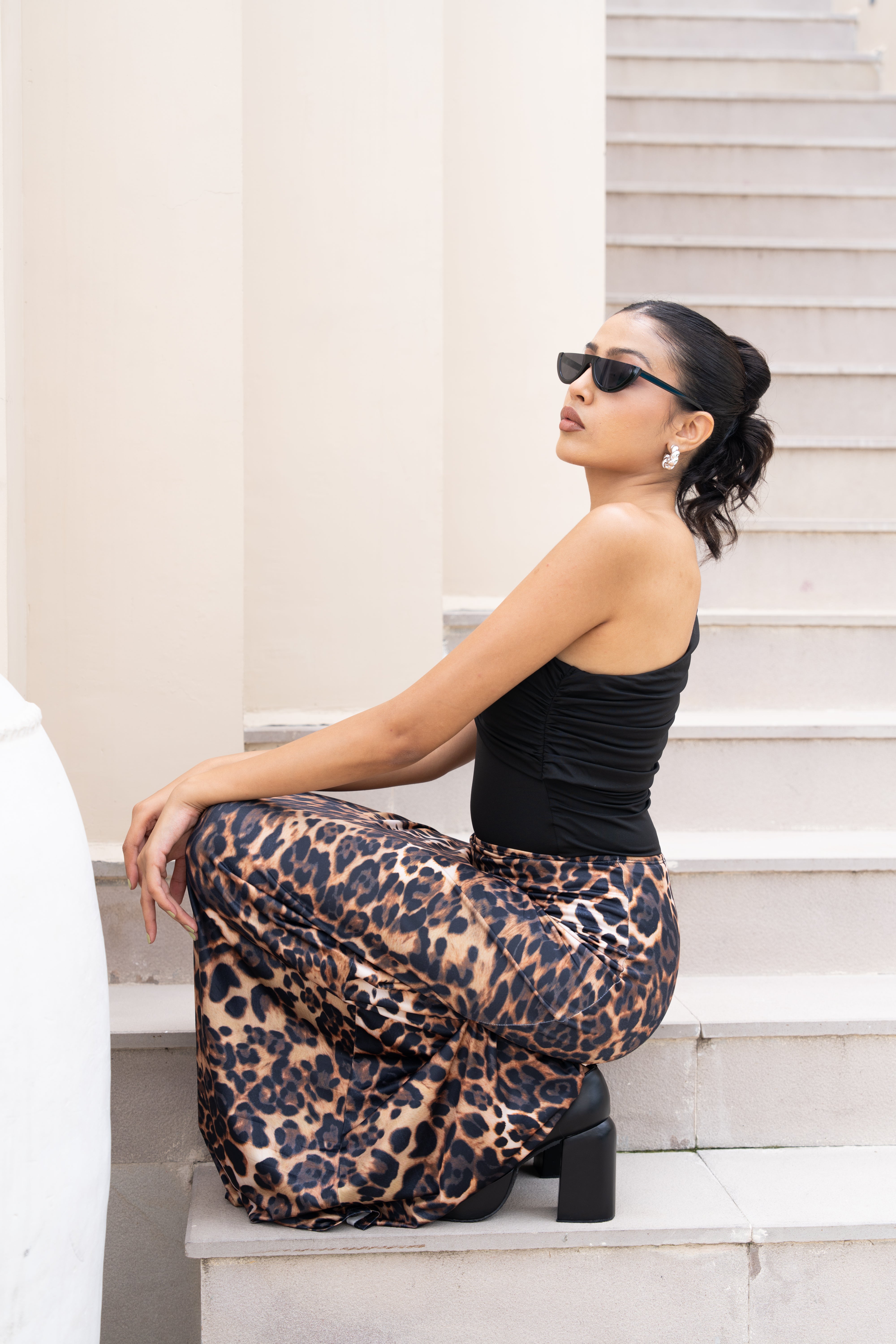 Black One-Shoulder Top & Leopard Print Maxi Skirt Set – Trendy Co-Ord for Women