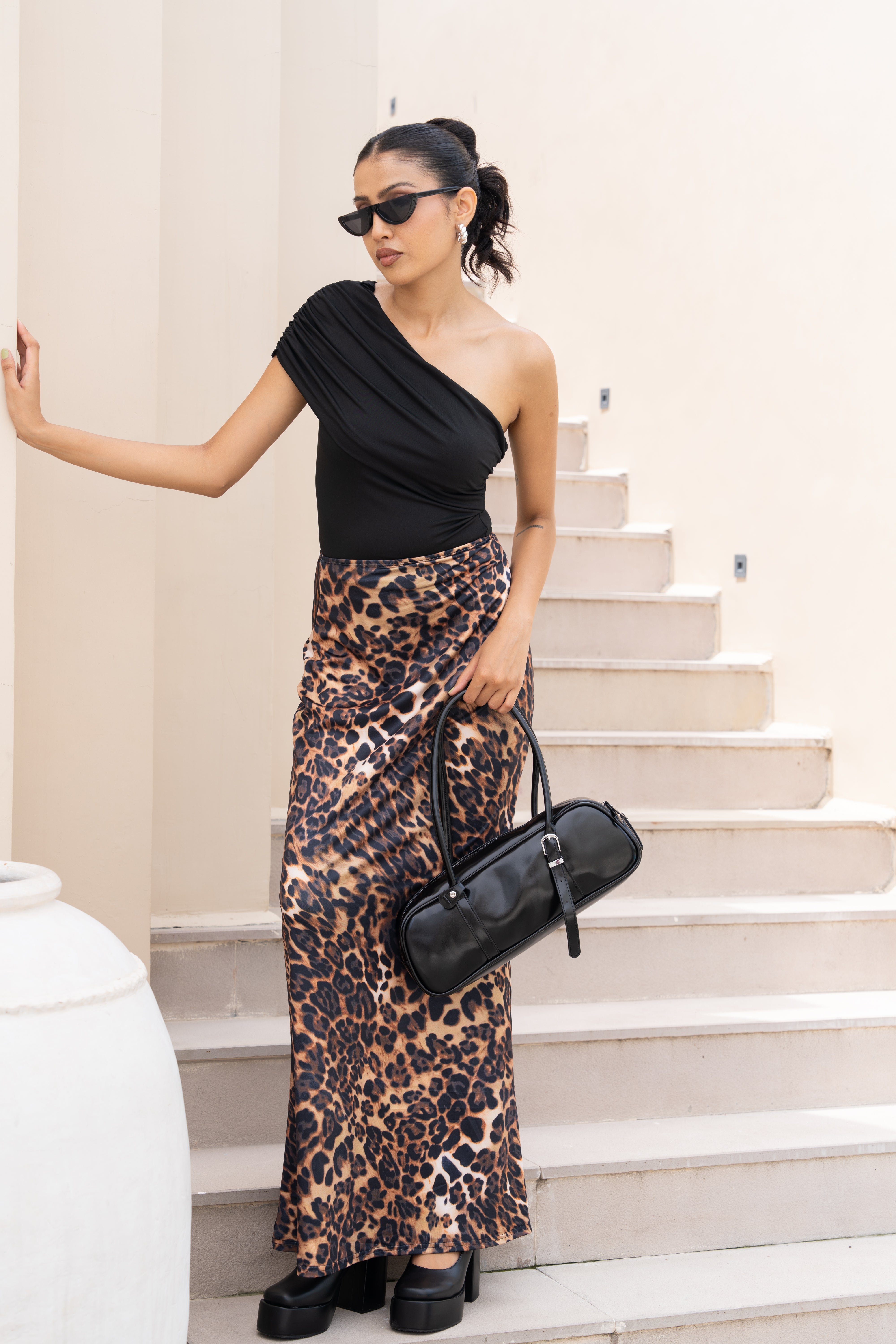 Black One-Shoulder Top & Leopard Print Maxi Skirt Set – Trendy Co-Ord for Women