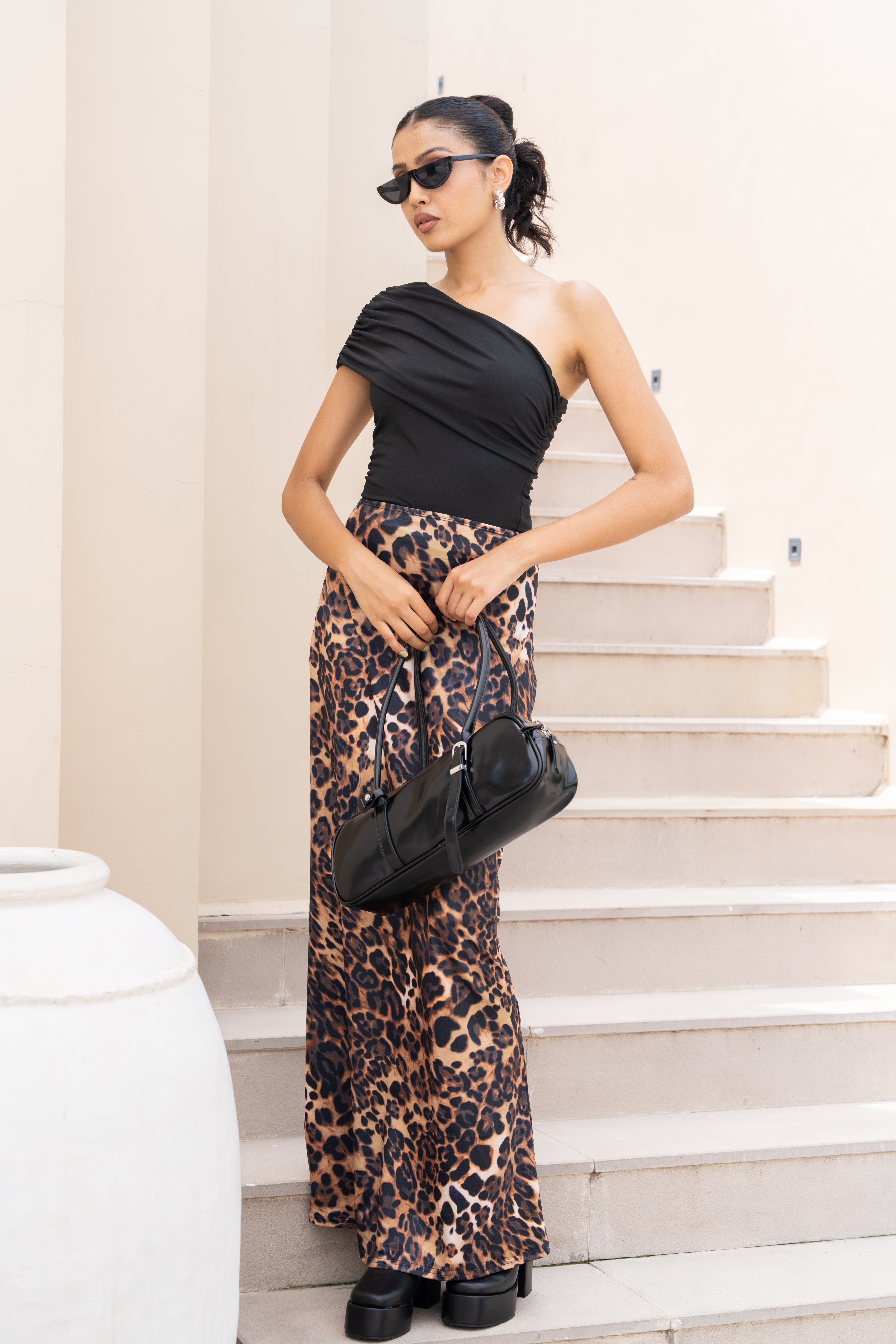 Black One-Shoulder Top & Leopard Print Maxi Skirt Set – Trendy Co-Ord for Women