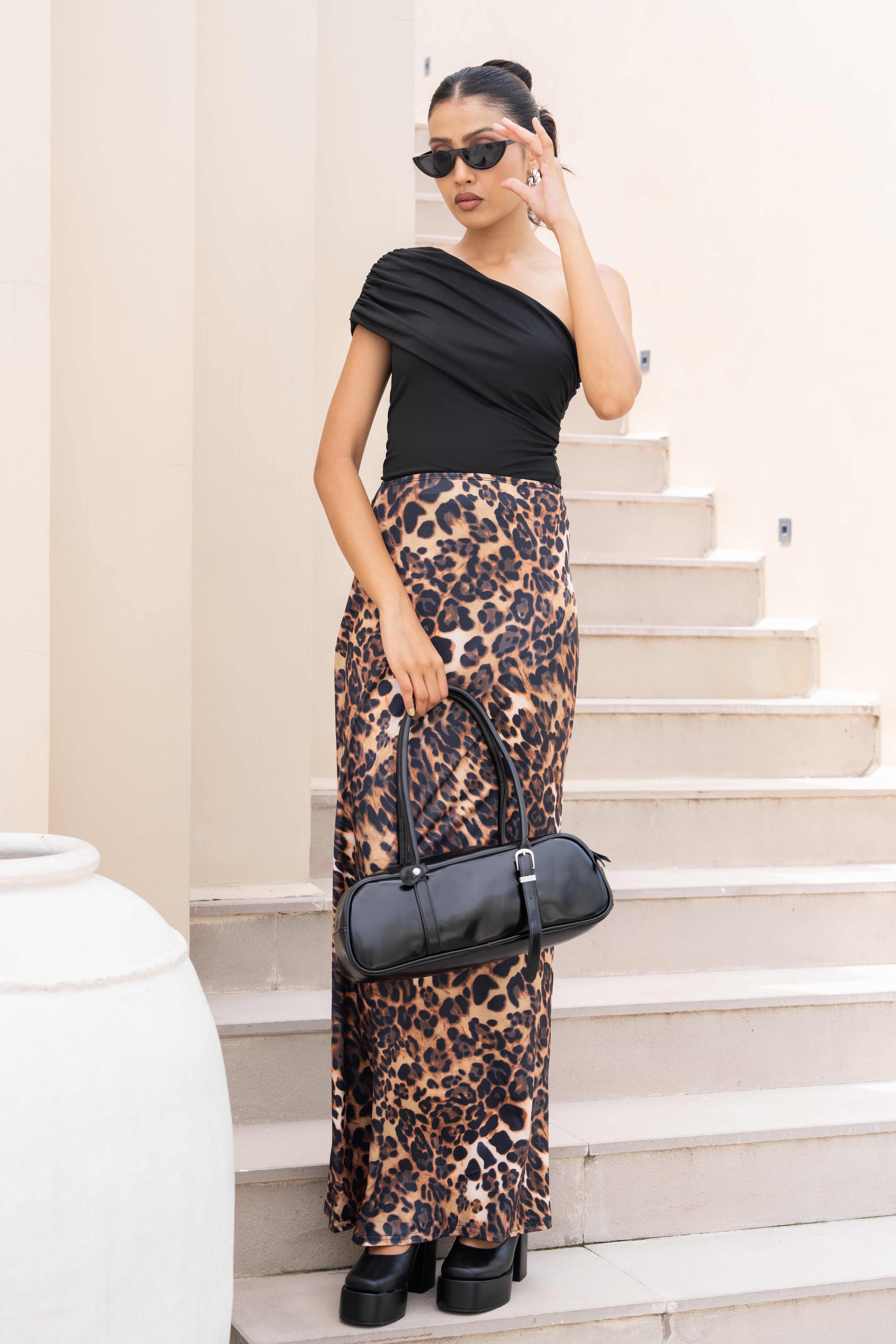 Black One-Shoulder Top & Leopard Print Maxi Skirt Set – Trendy Co-Ord for Women