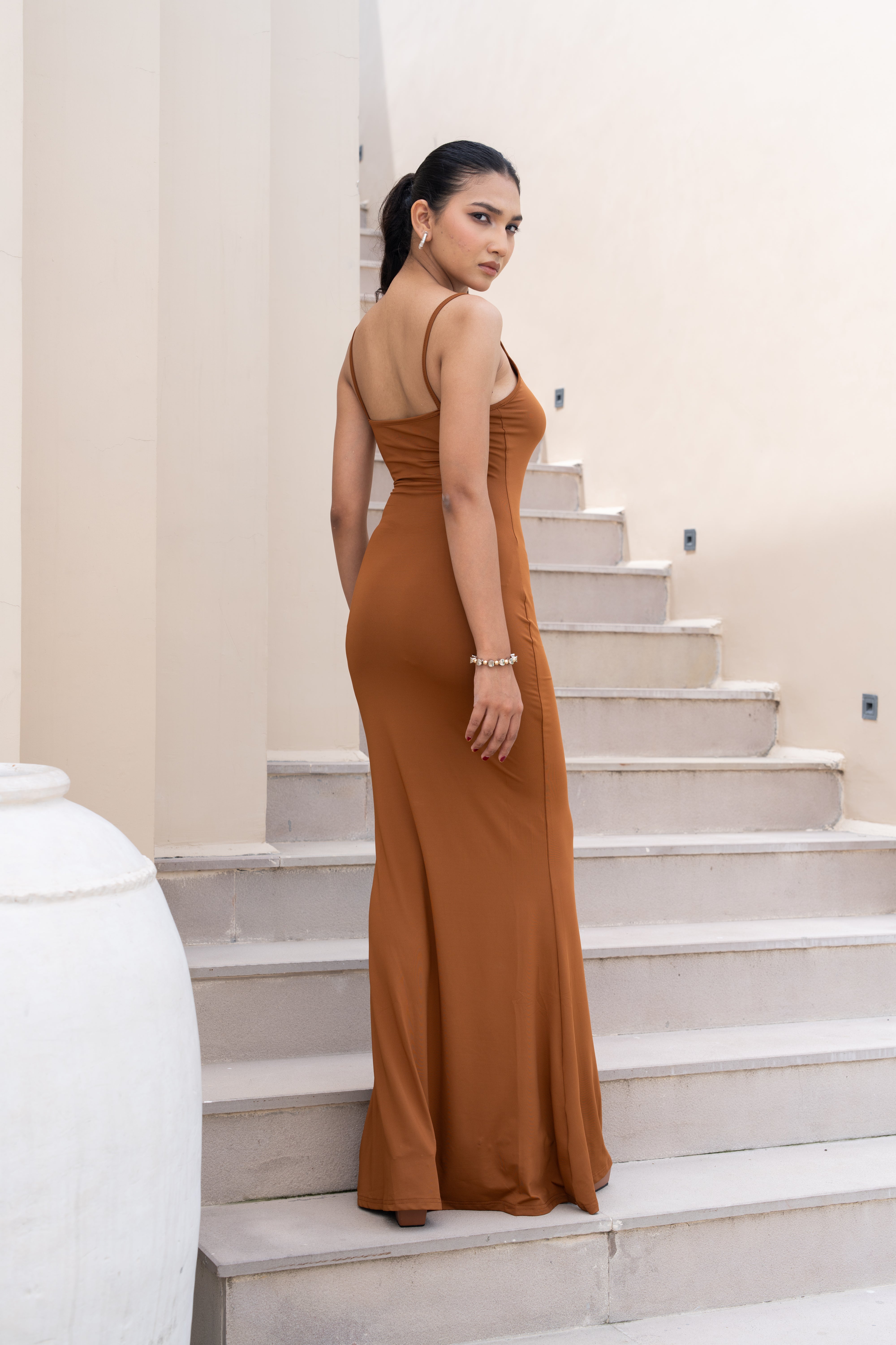 Rust Brown Spaghetti Strap Bodycon Maxi Dress – Earthy Evening Wear