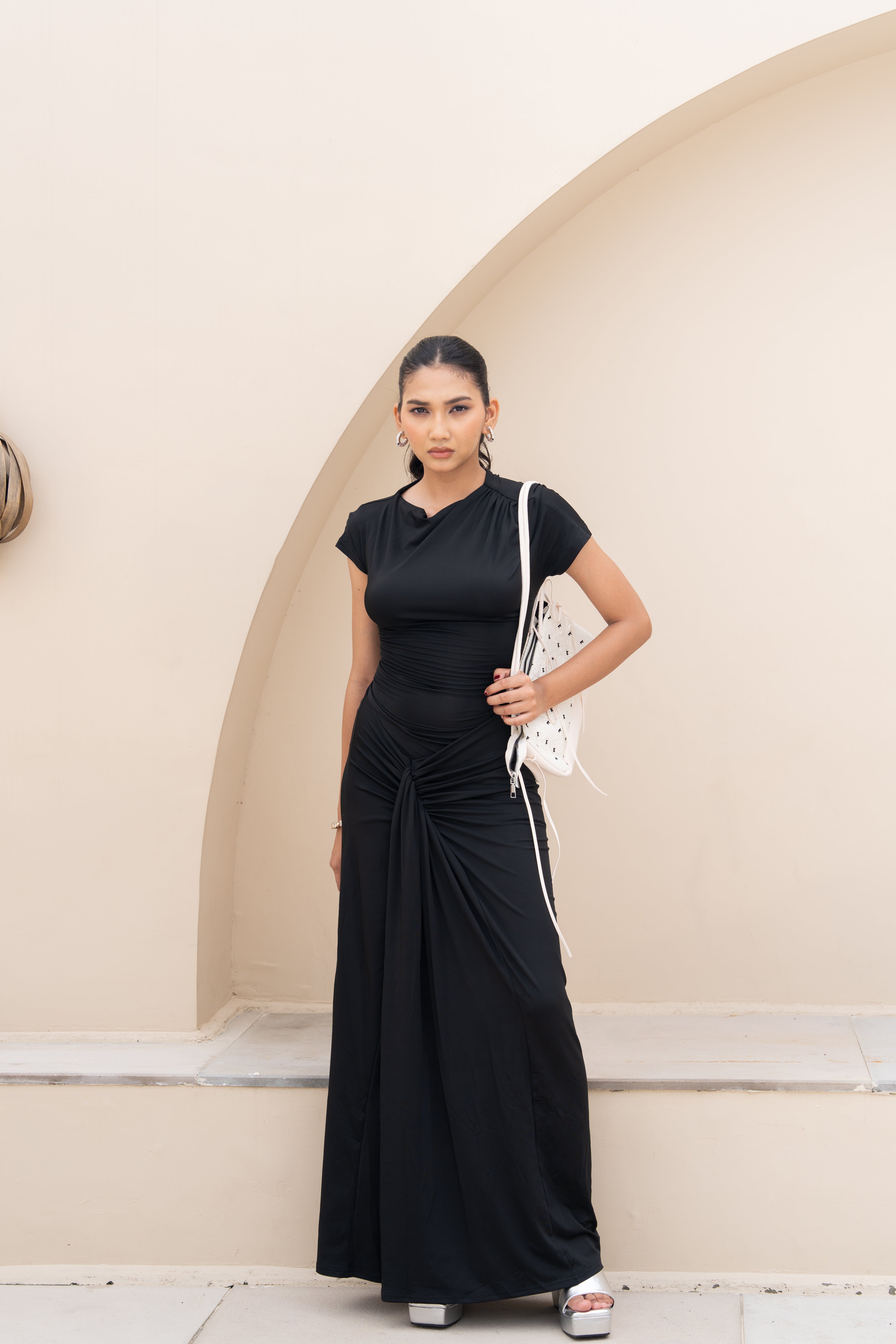 Black Ruched Knot Detail Maxi Dress – Elegant Evening Wear