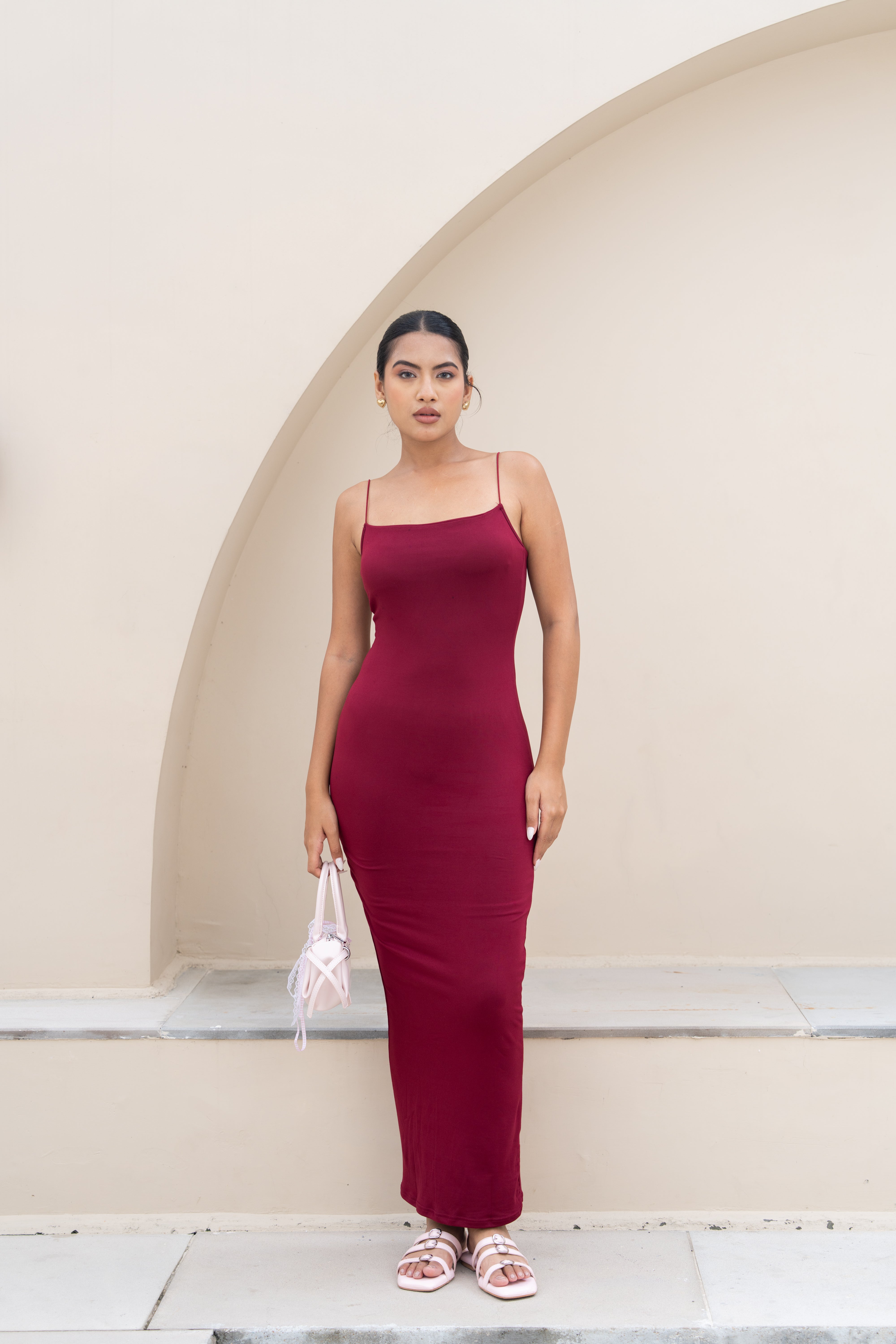 Wine Red Bodycon Maxi Dress – Minimal Spaghetti Strap Evening Wear