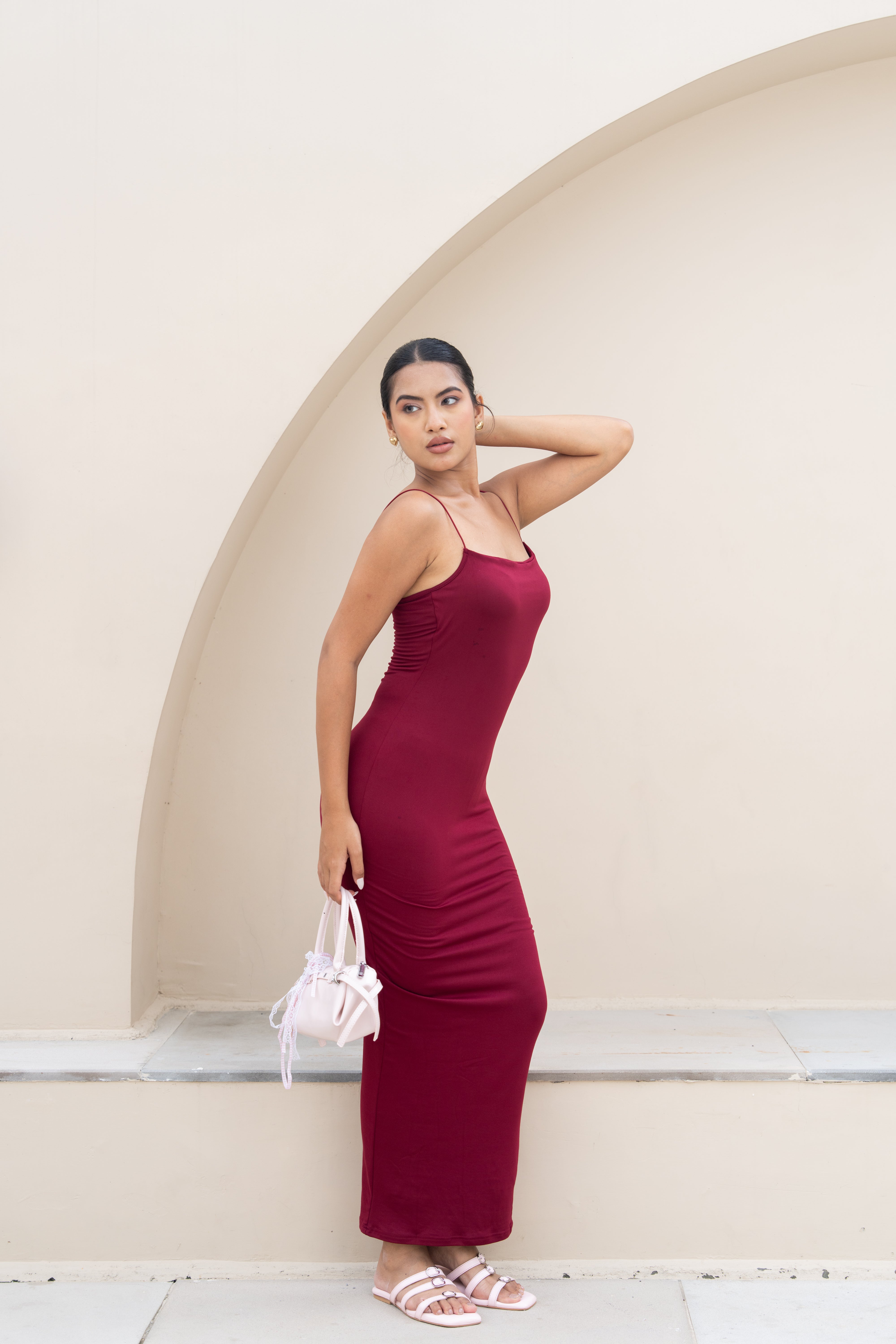 Wine Red Bodycon Maxi Dress – Minimal Spaghetti Strap Evening Wear