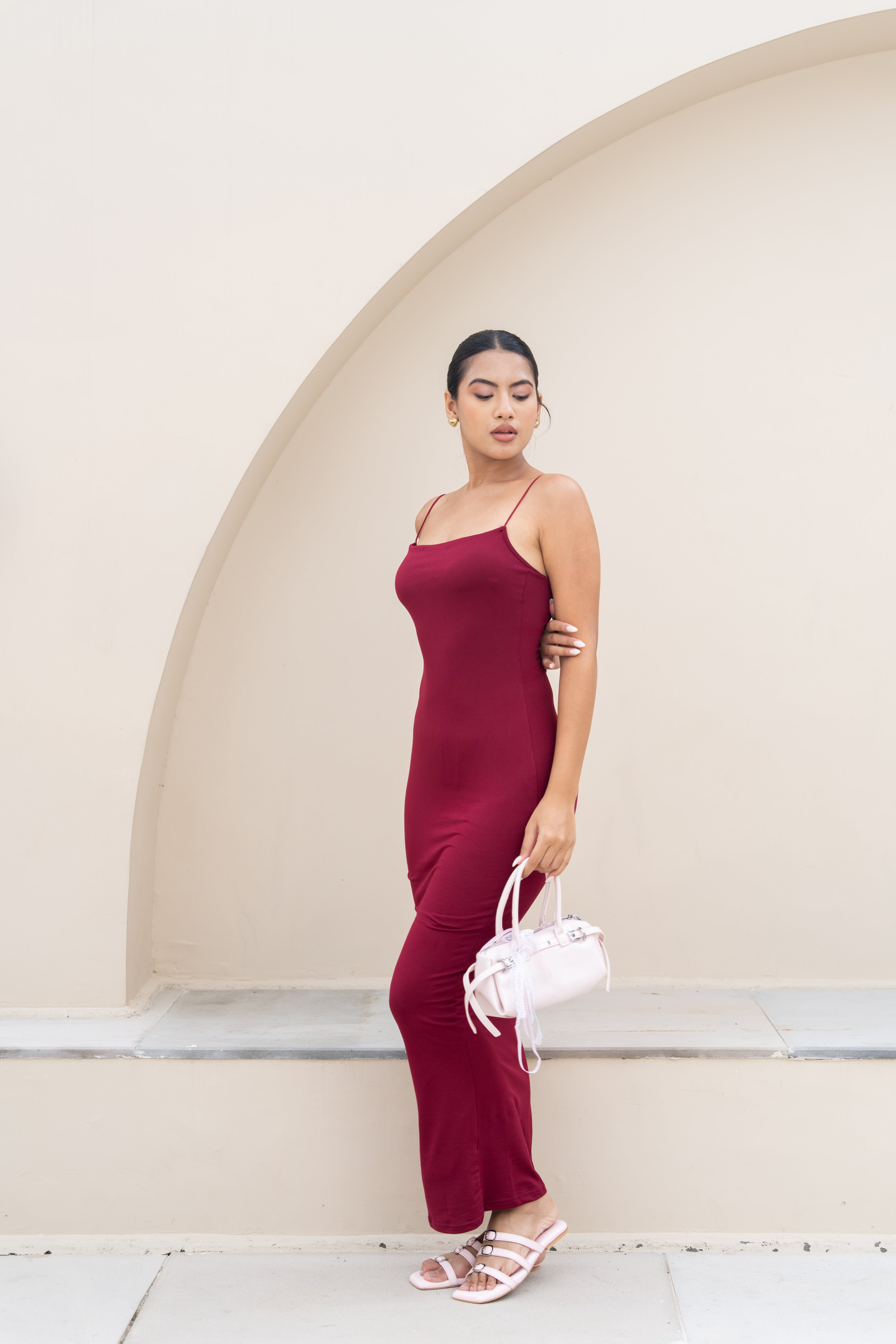 Wine Red Bodycon Maxi Dress – Minimal Spaghetti Strap Evening Wear