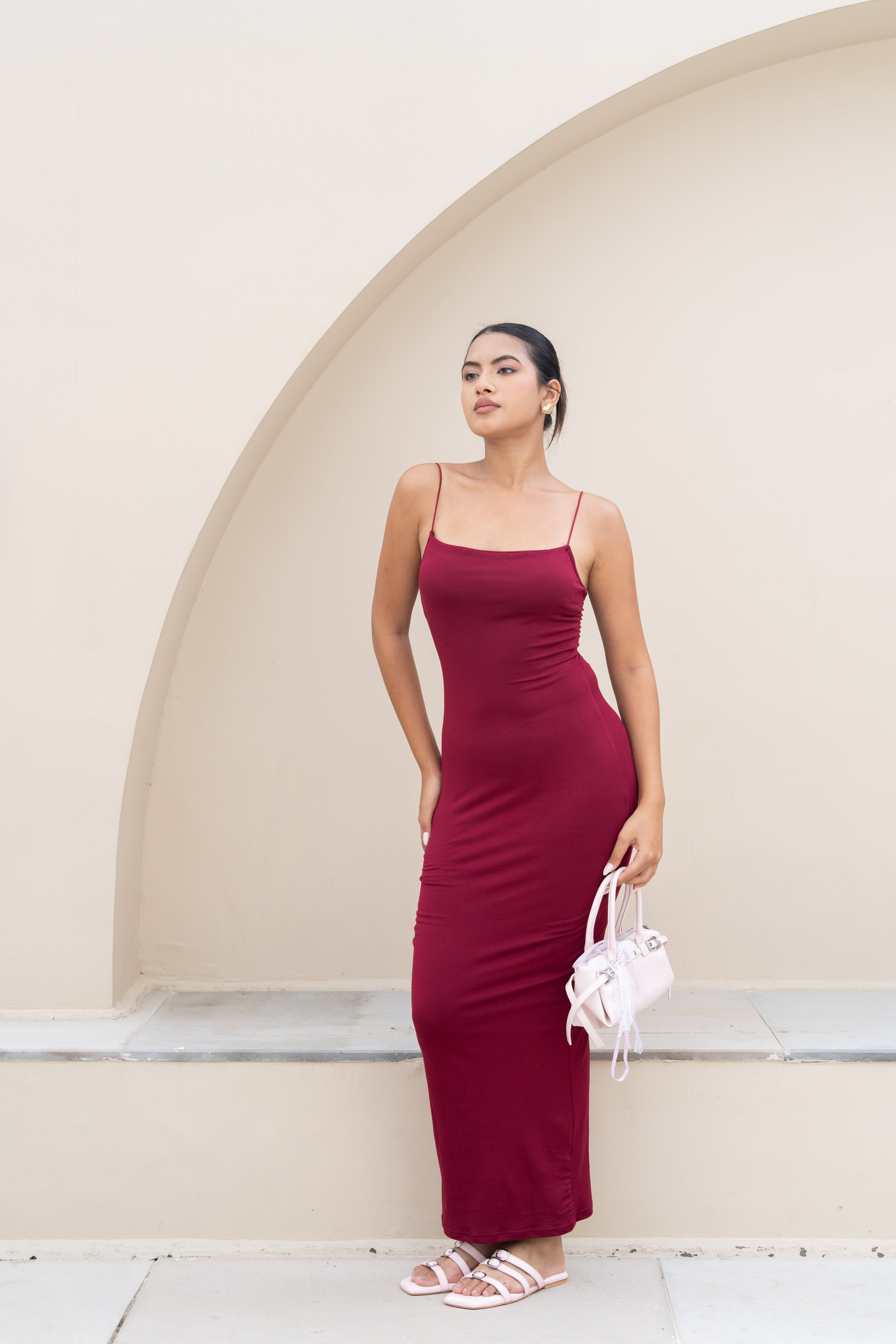 Wine Red Bodycon Maxi Dress – Minimal Spaghetti Strap Evening Wear