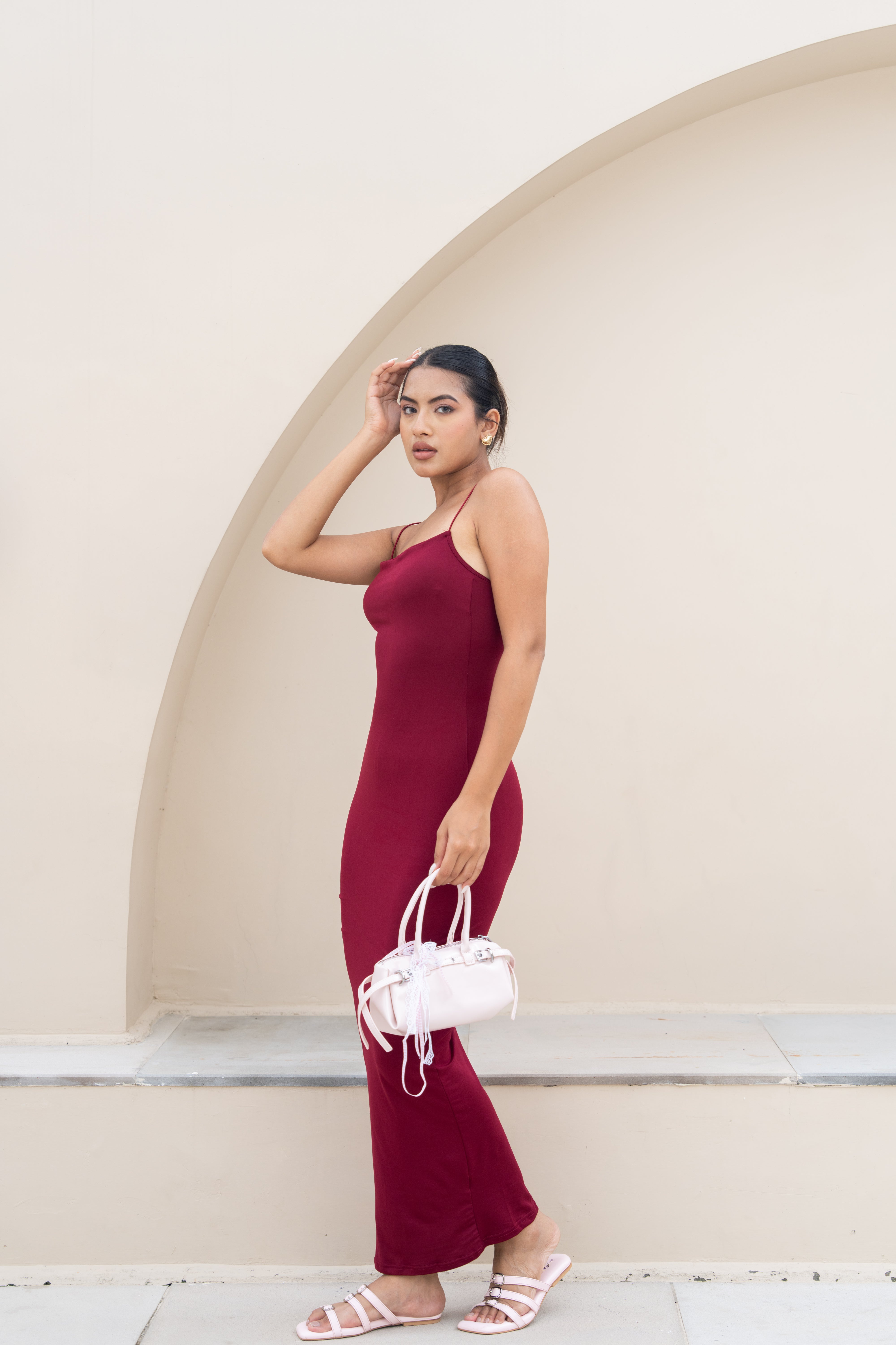 Wine Red Bodycon Maxi Dress – Minimal Spaghetti Strap Evening Wear