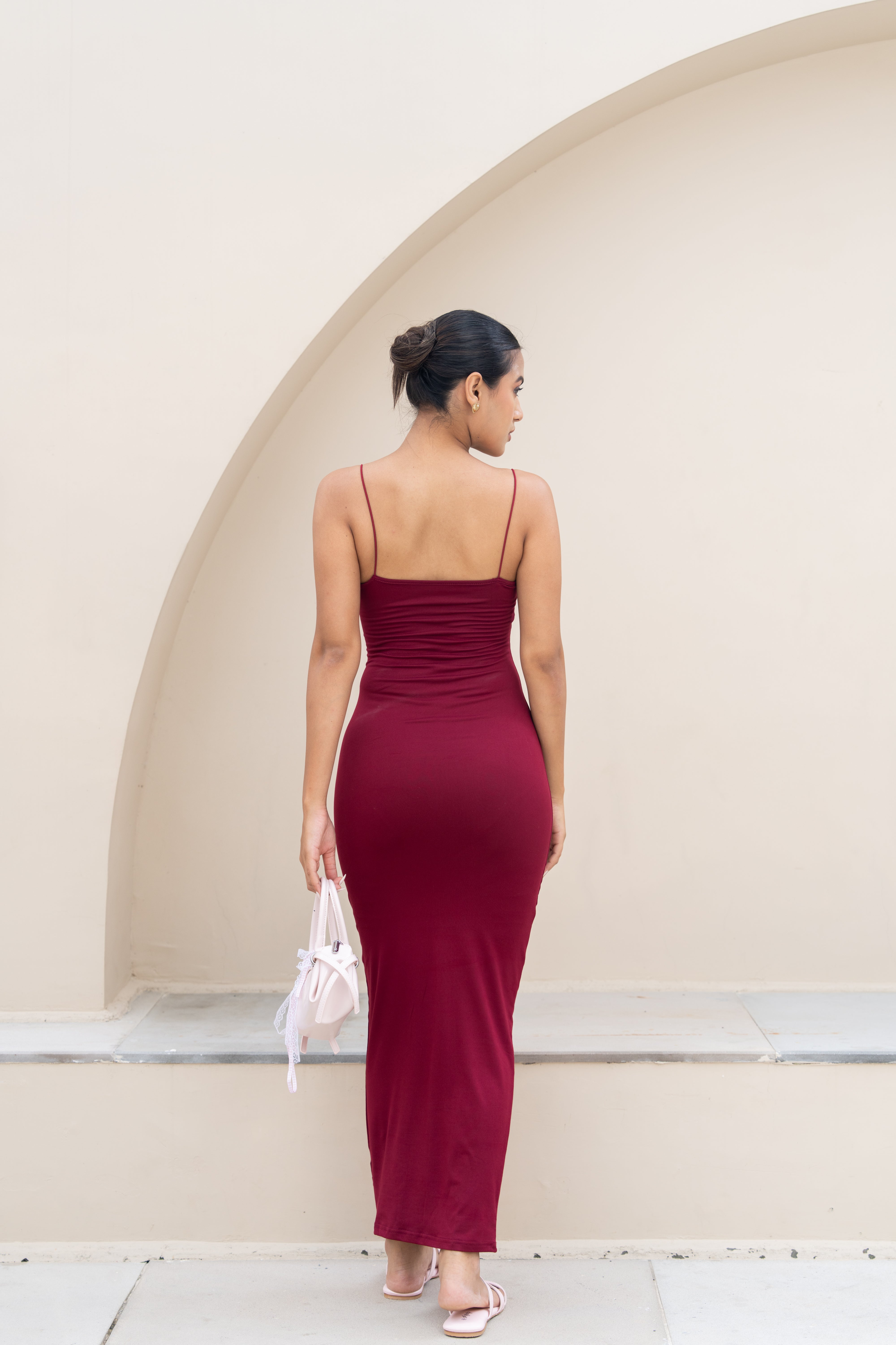 Wine Red Bodycon Maxi Dress – Minimal Spaghetti Strap Evening Wear