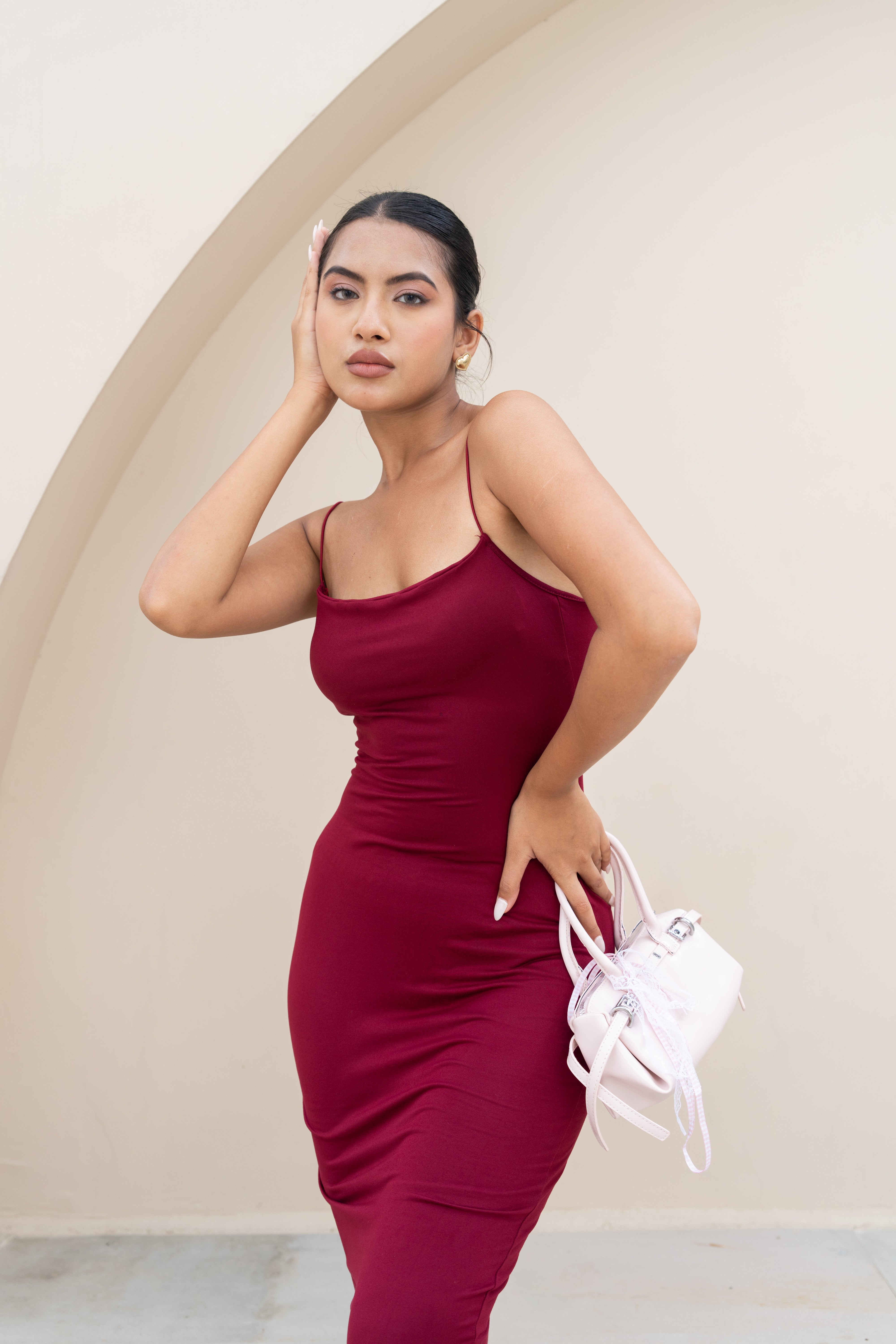 Wine Red Bodycon Maxi Dress – Minimal Spaghetti Strap Evening Wear