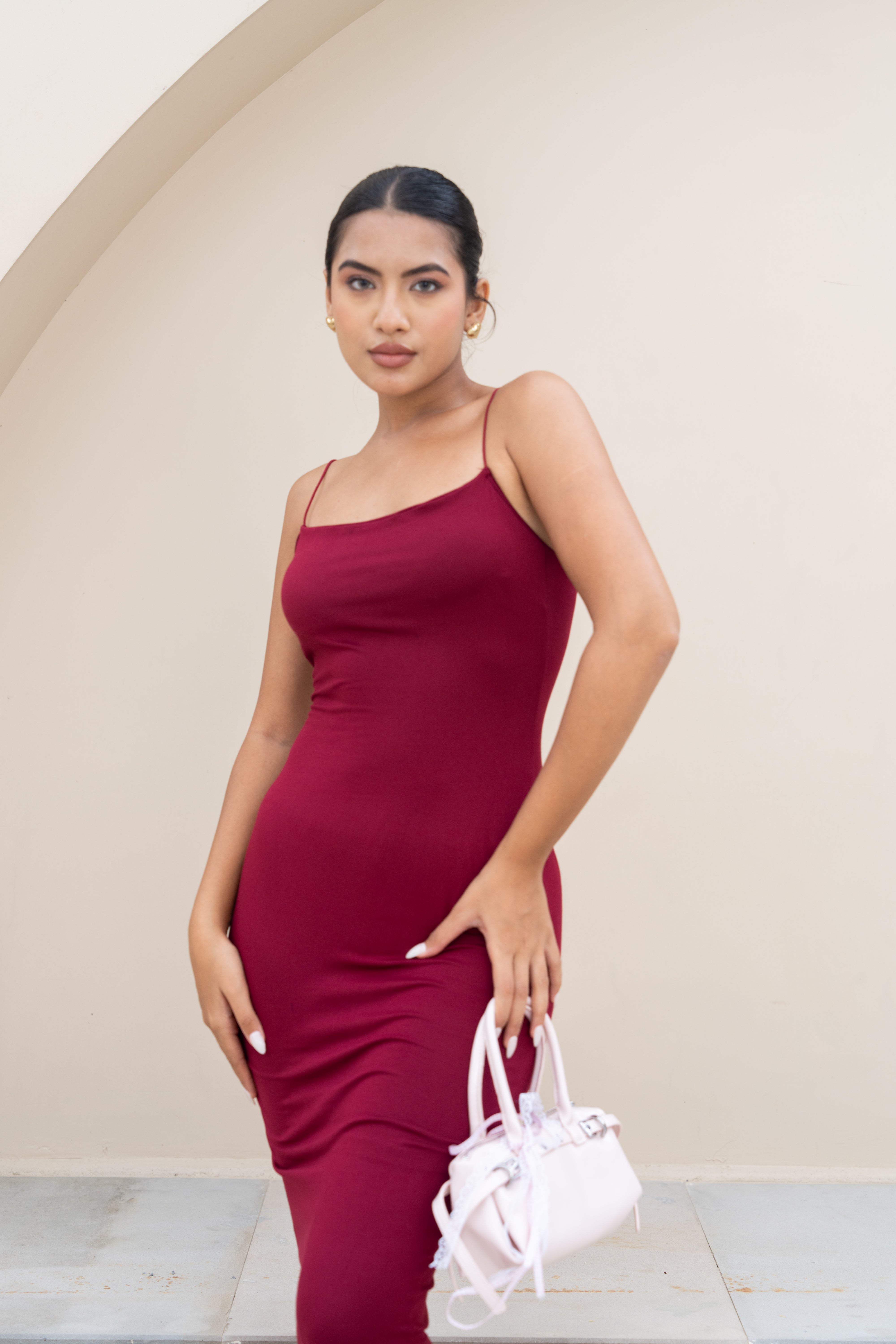 Wine Red Bodycon Maxi Dress – Minimal Spaghetti Strap Evening Wear