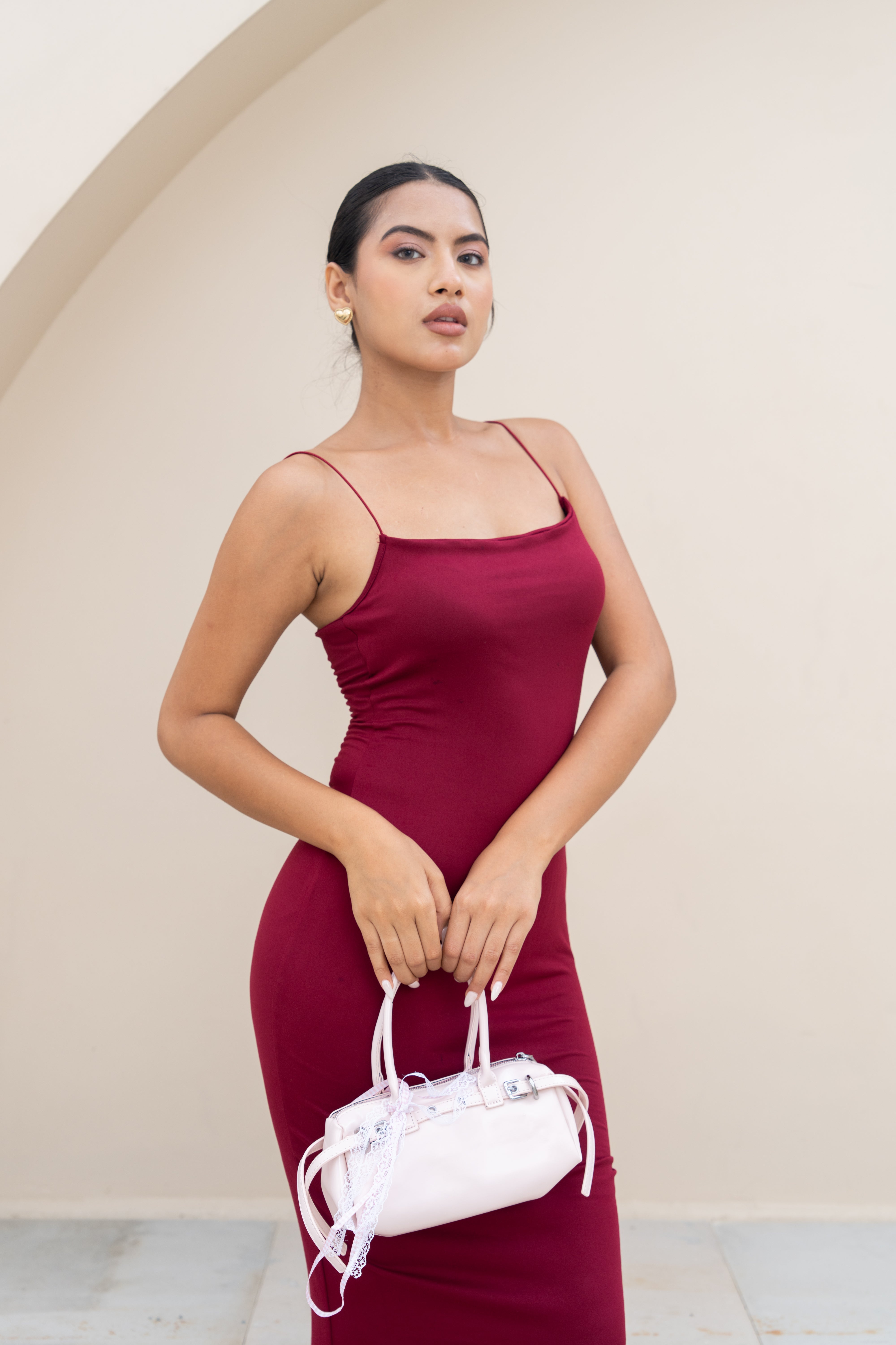 Wine Red Bodycon Maxi Dress – Minimal Spaghetti Strap Evening Wear