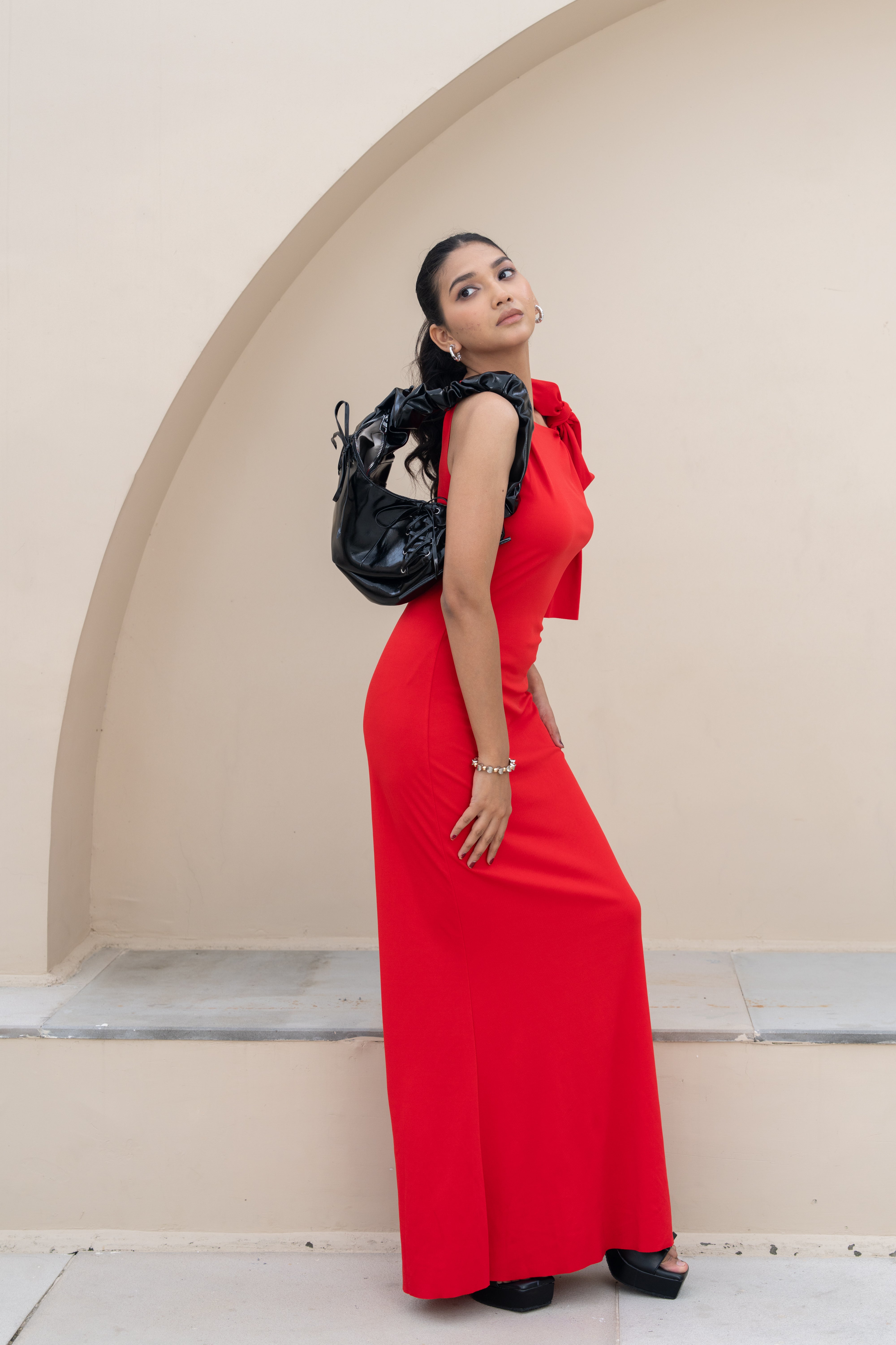 Fiery Red Shoulder-Bow Maxi Dress – Statement Evening Gown