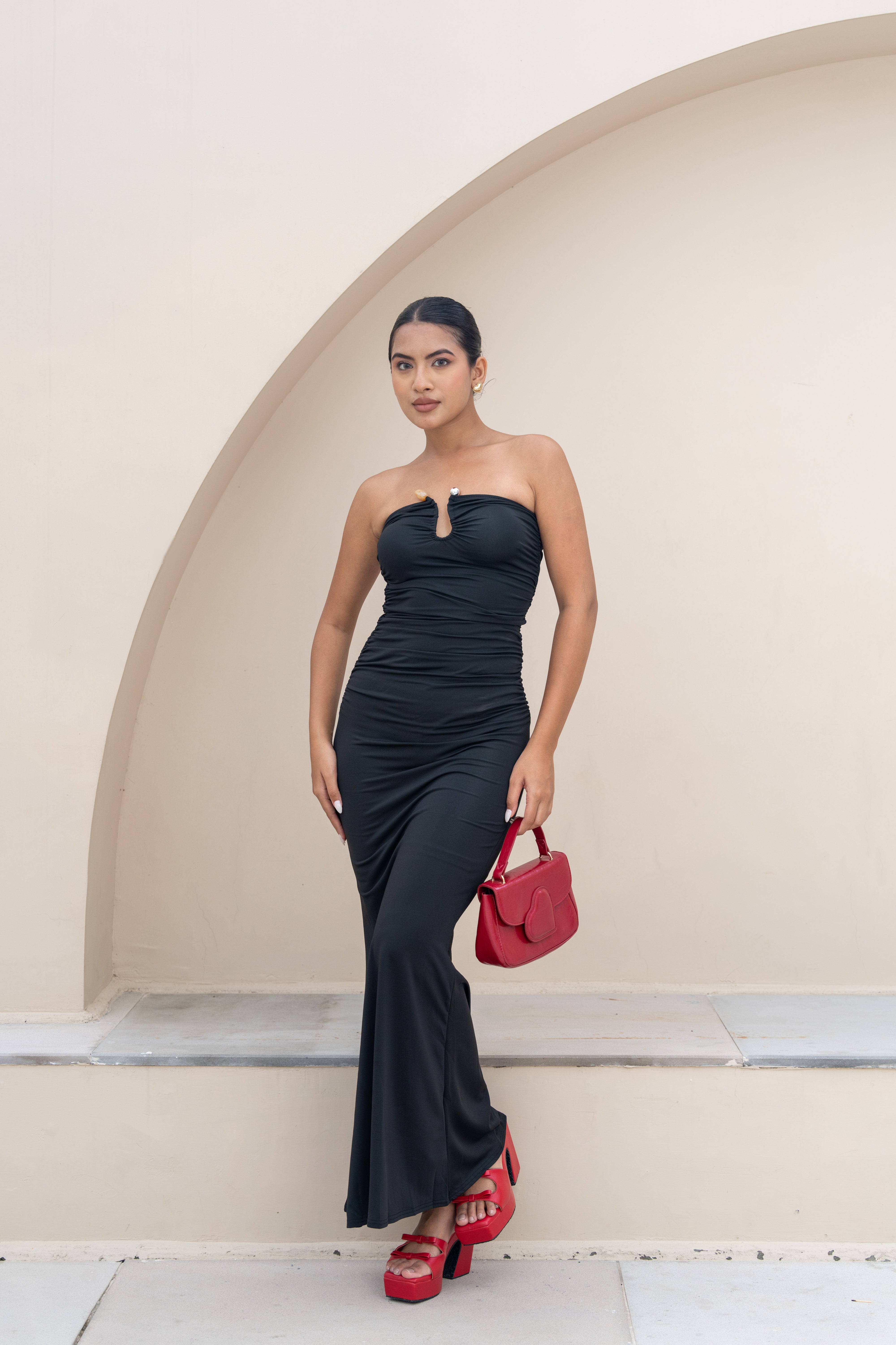 Midnight Black Strapless Ruched Maxi Dress – Timeless Evening Gown