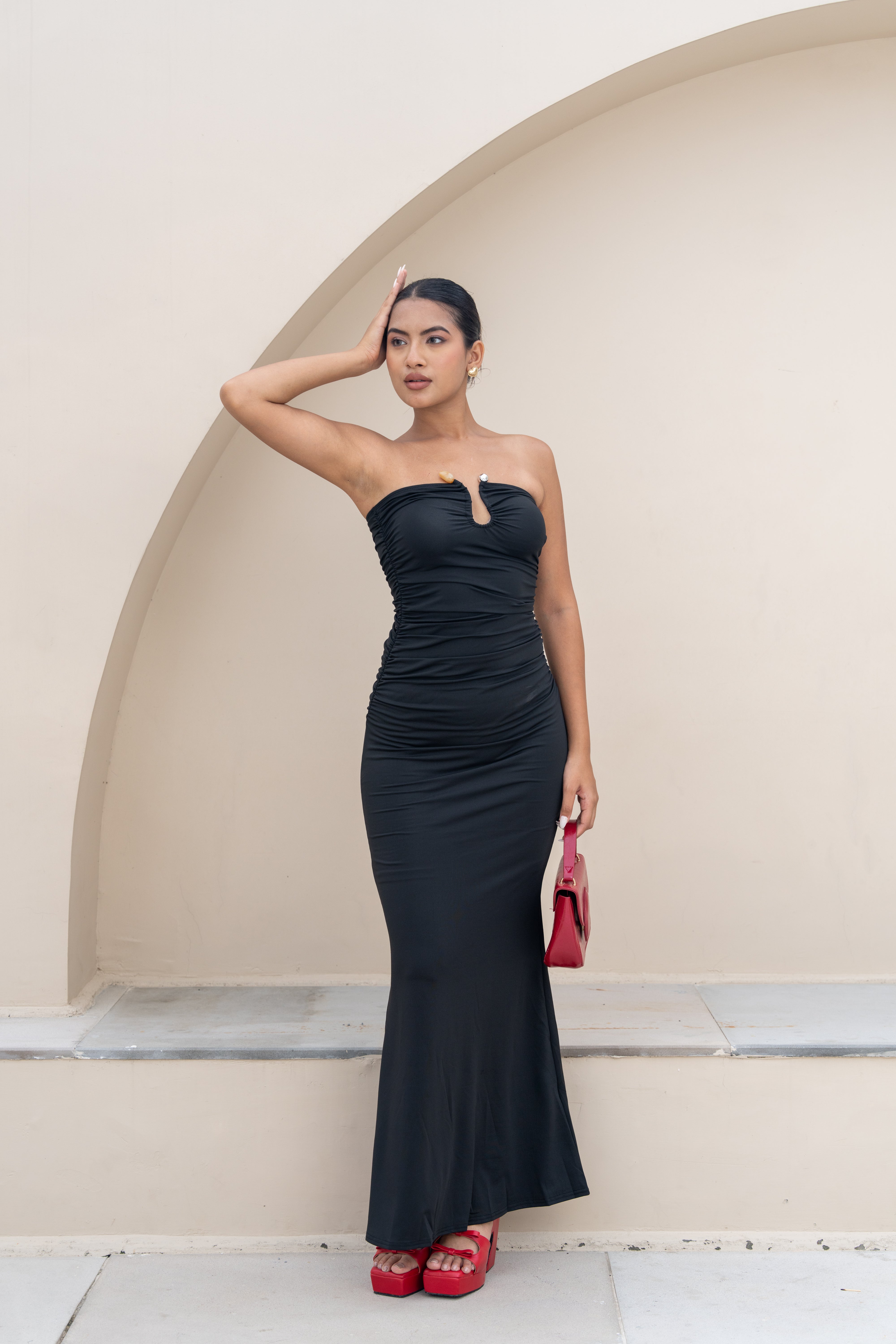 Midnight Black Strapless Ruched Maxi Dress – Timeless Evening Gown