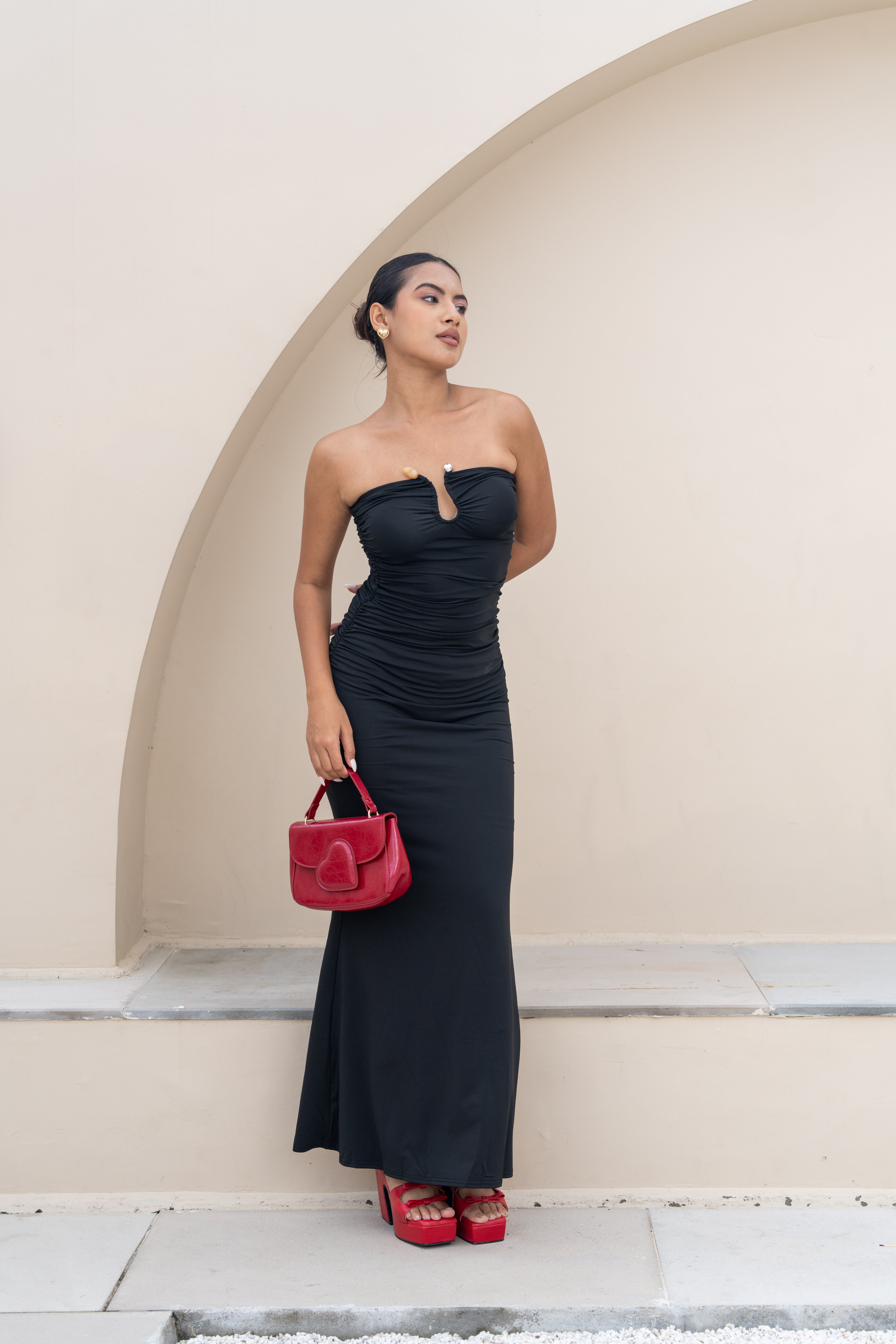 Midnight Black Strapless Ruched Maxi Dress – Timeless Evening Gown