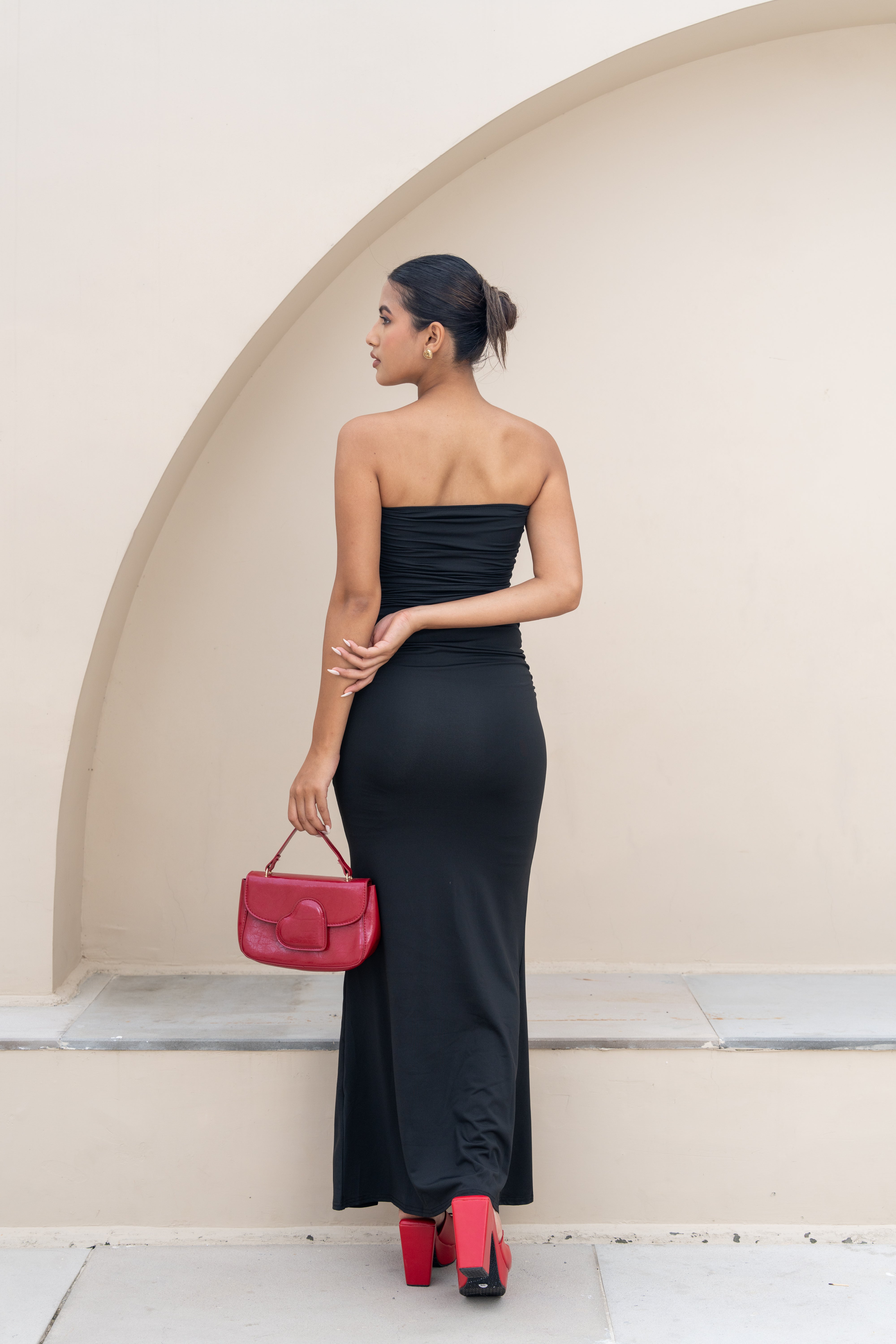 Midnight Black Strapless Ruched Maxi Dress – Timeless Evening Gown