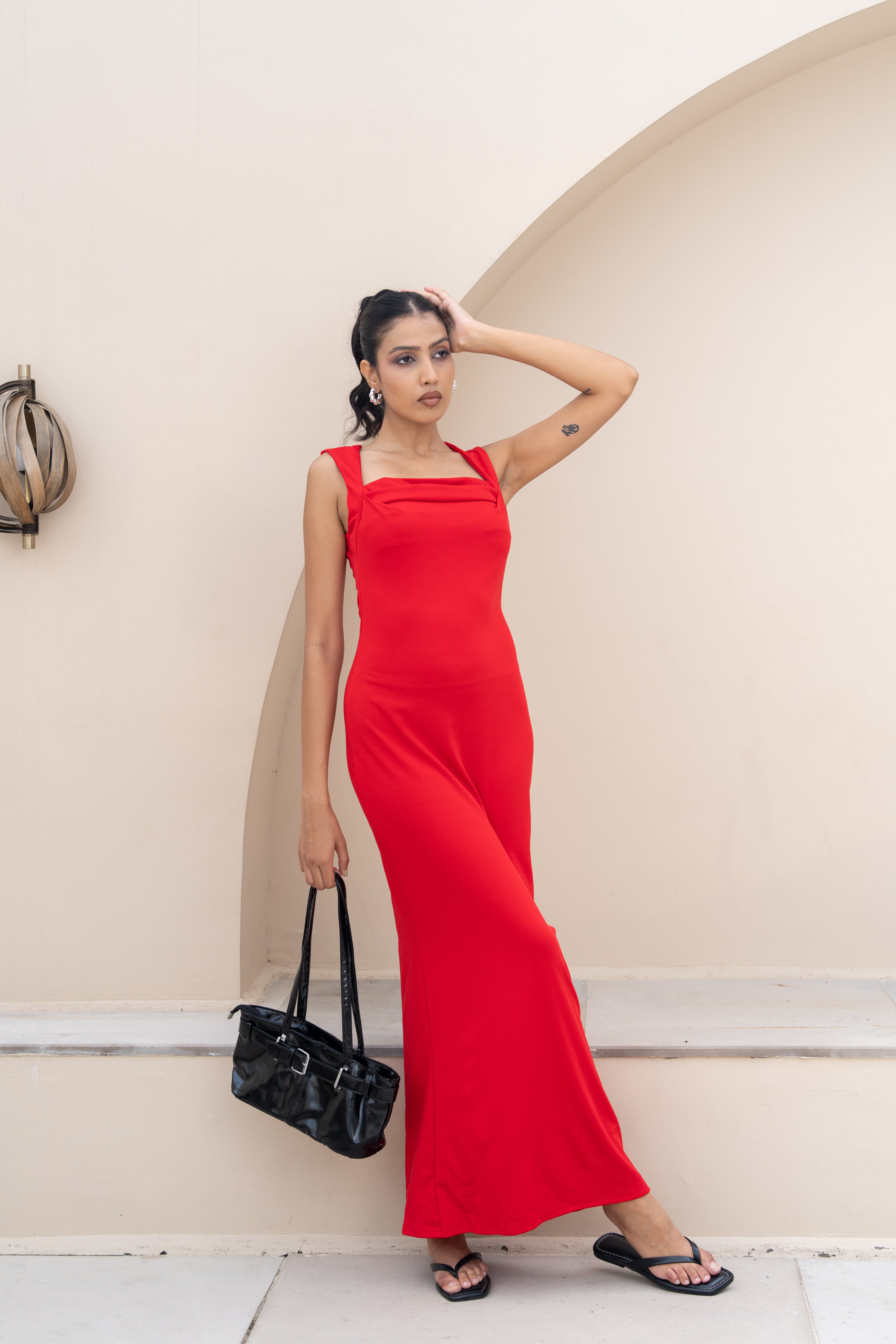 Scarlet Drape Neck Maxi Dress – Elegant Red Evening Gown