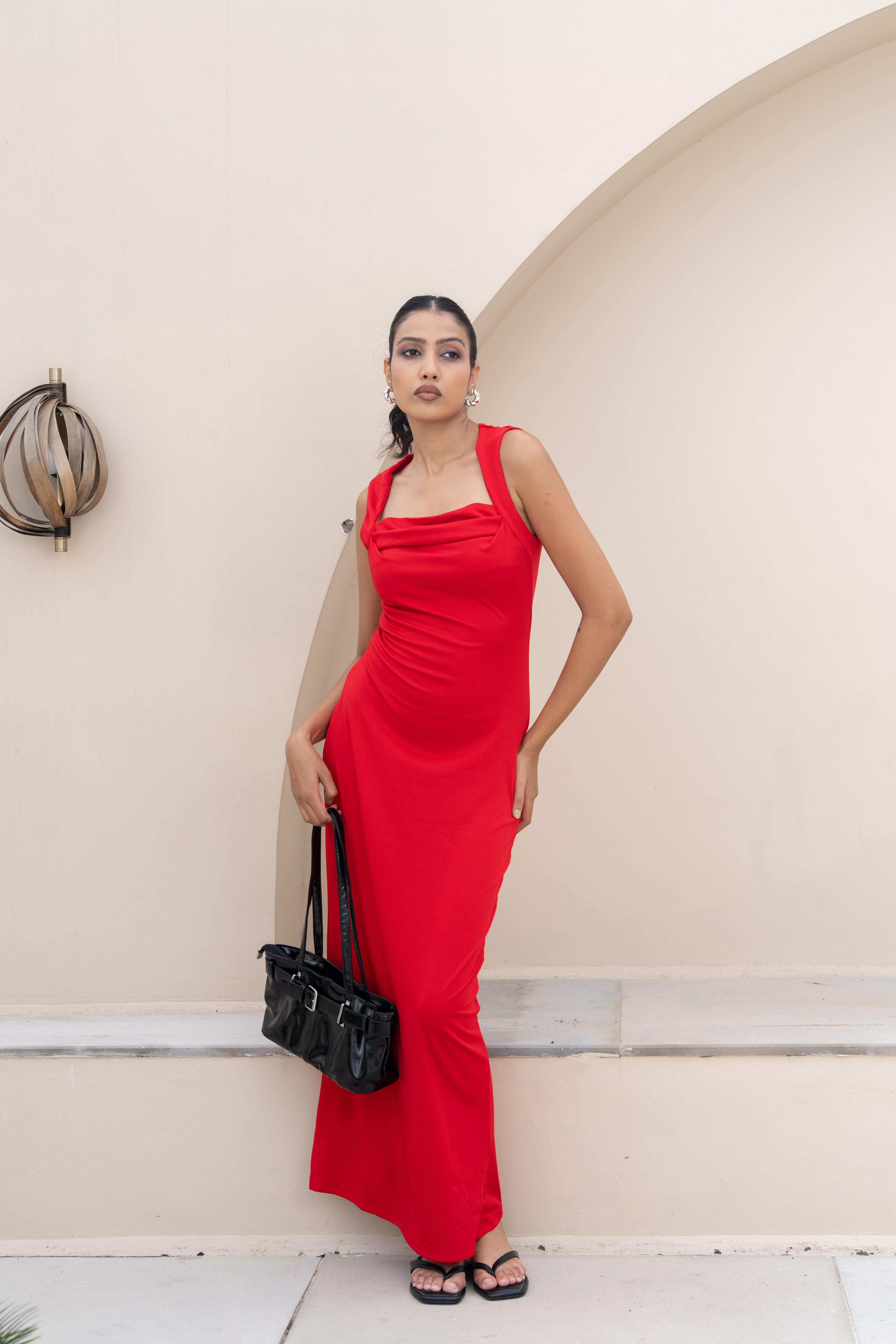 Scarlet Drape Neck Maxi Dress – Elegant Red Evening Gown