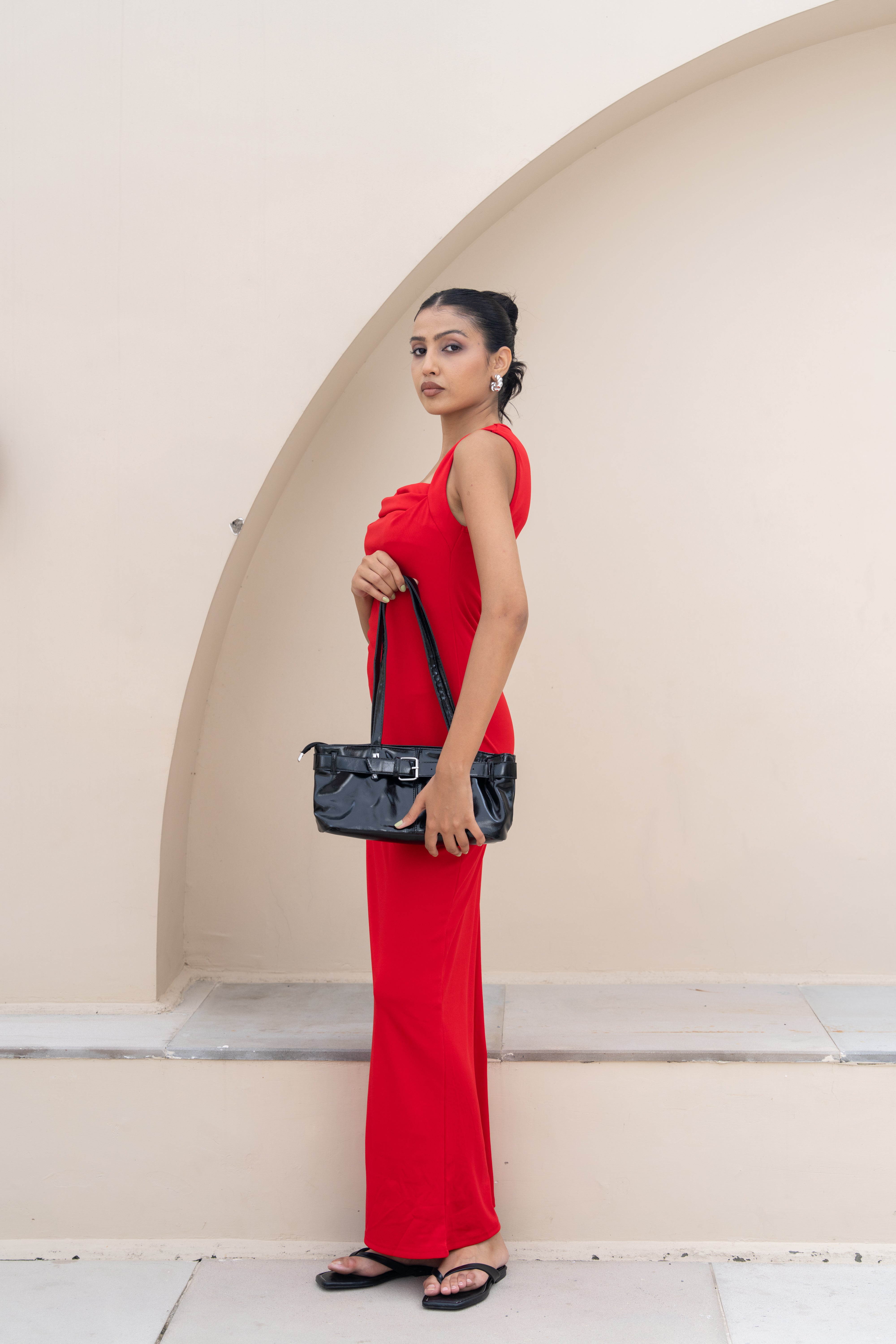 Scarlet Drape Neck Maxi Dress – Elegant Red Evening Gown