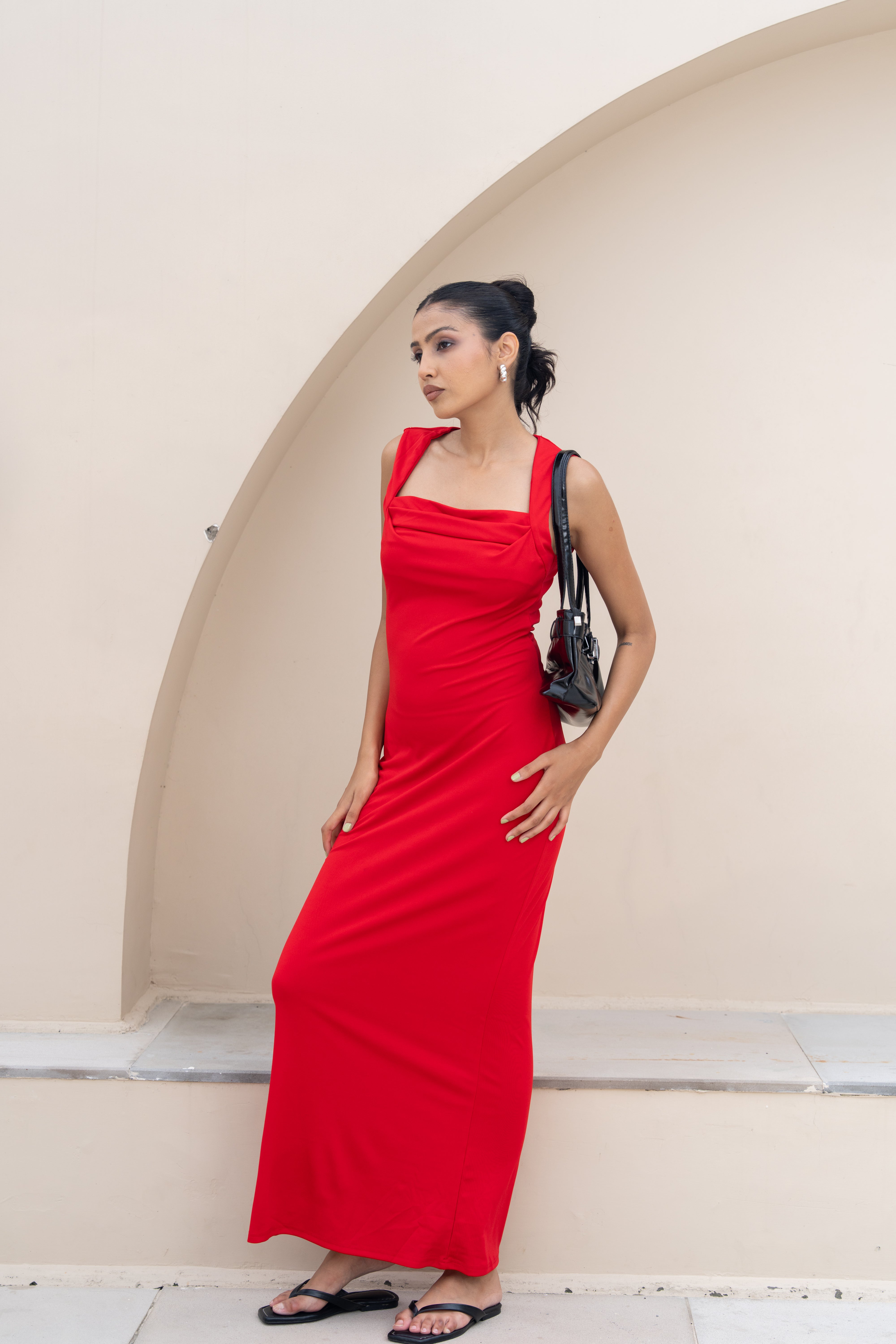 Scarlet Drape Neck Maxi Dress – Elegant Red Evening Gown