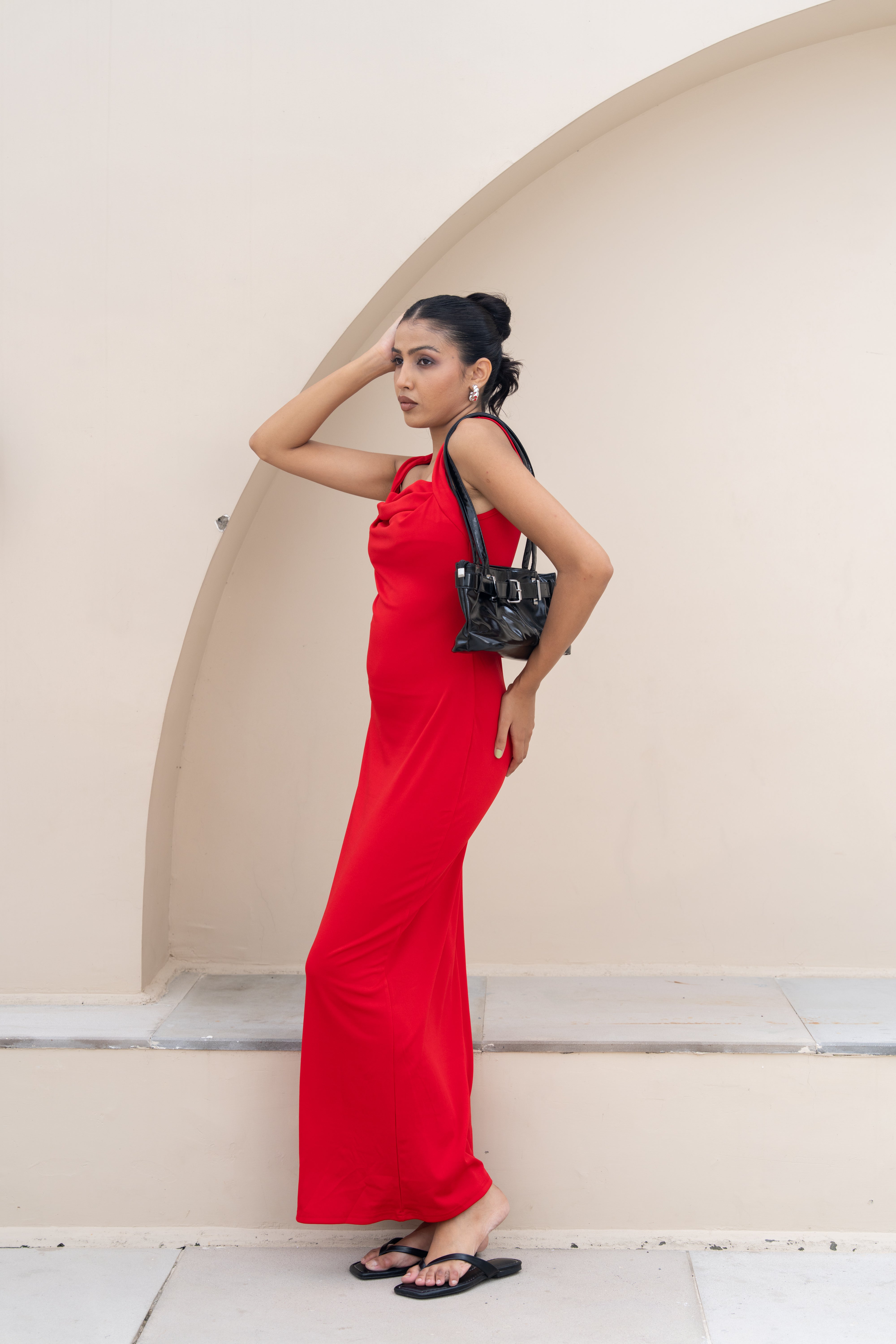 Scarlet Drape Neck Maxi Dress – Elegant Red Evening Gown
