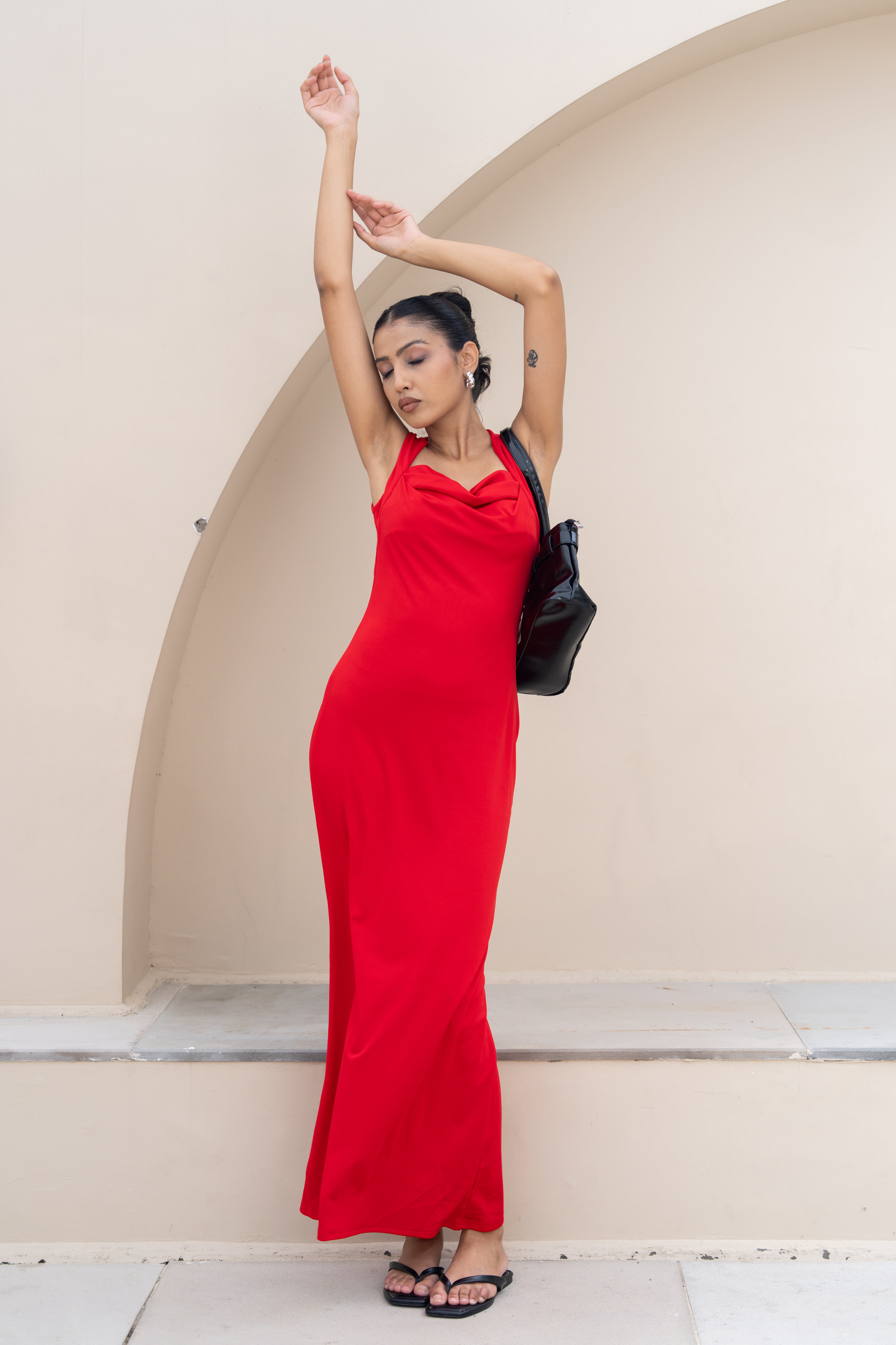 Scarlet Drape Neck Maxi Dress – Elegant Red Evening Gown
