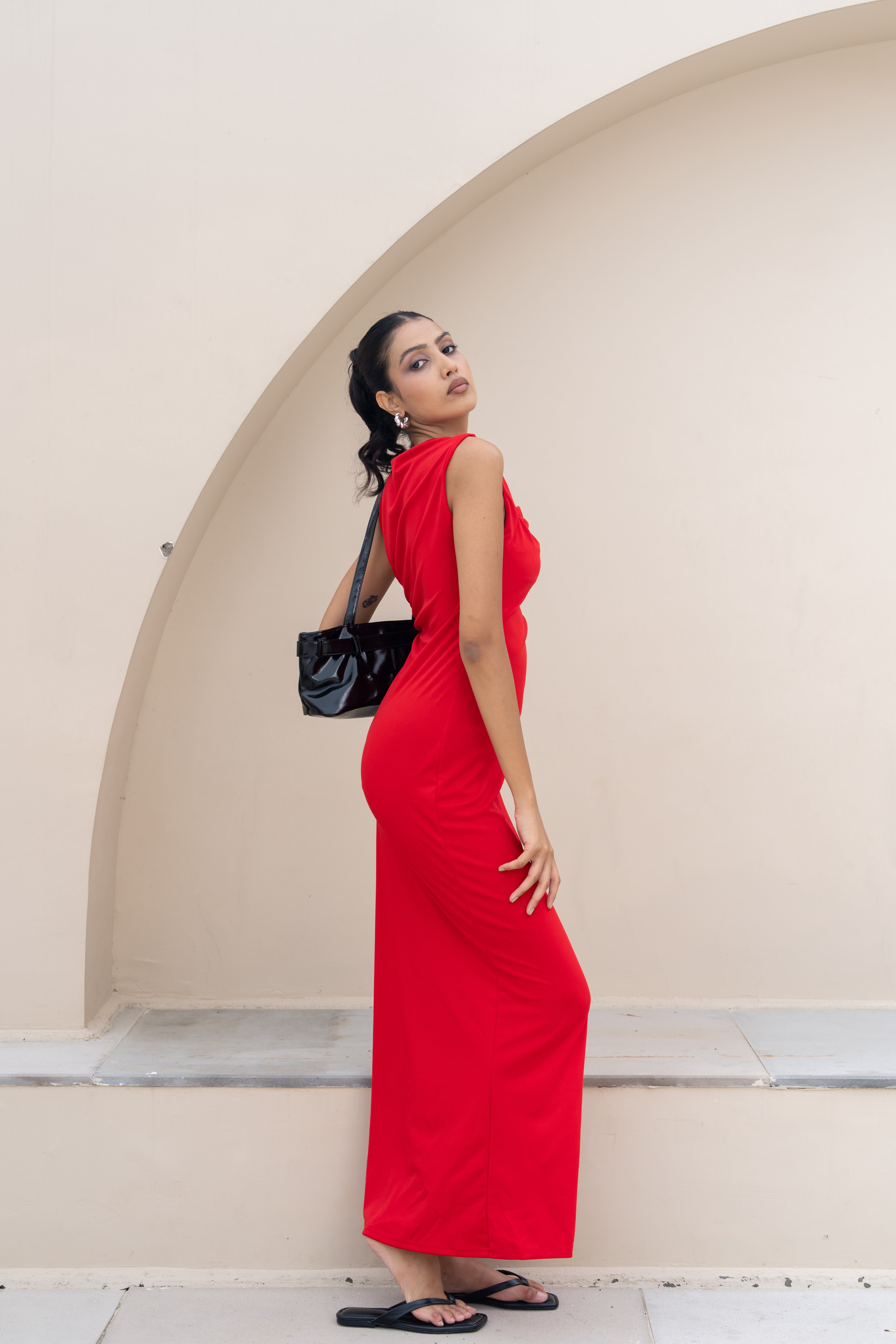 Scarlet Drape Neck Maxi Dress – Elegant Red Evening Gown