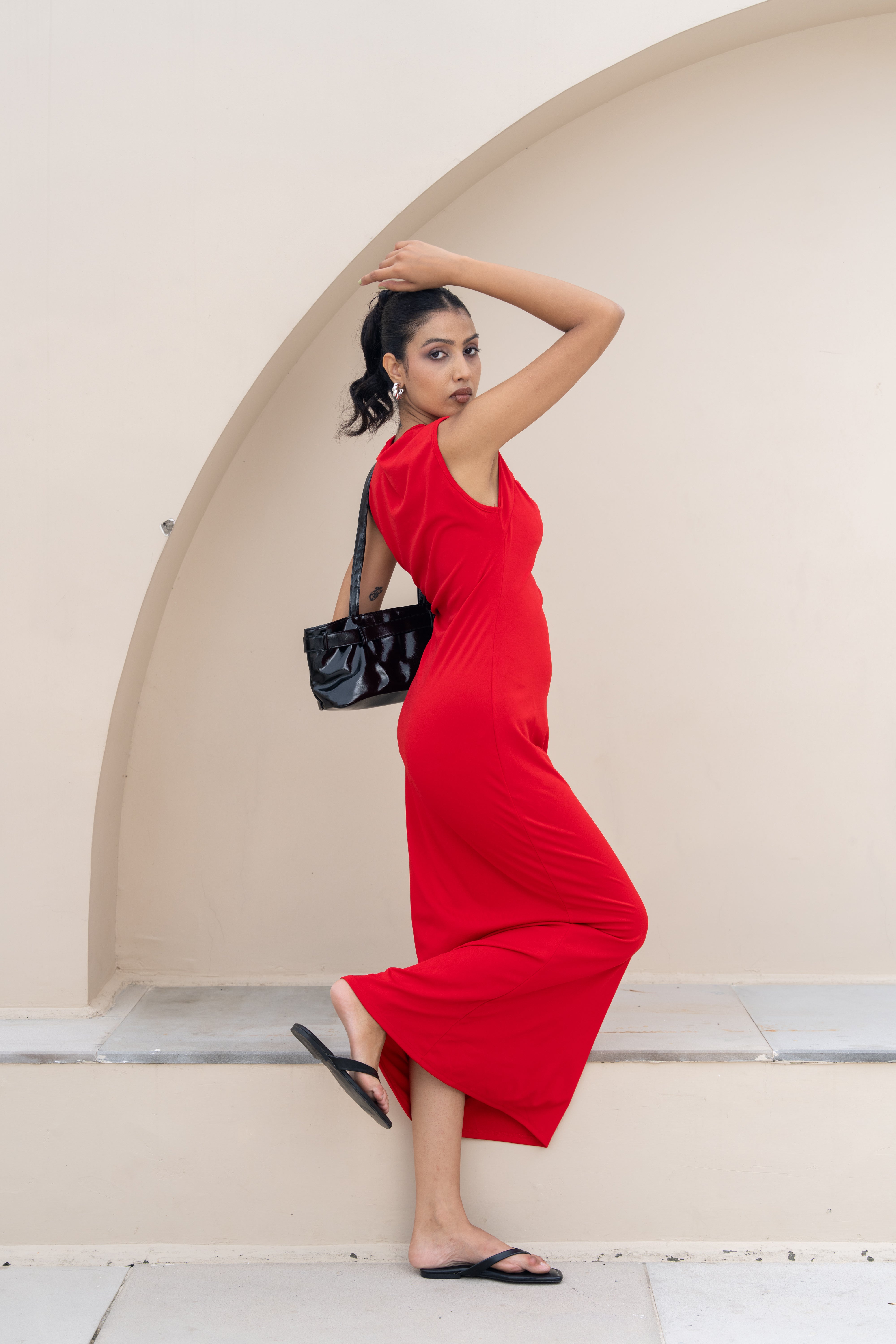 Scarlet Drape Neck Maxi Dress – Elegant Red Evening Gown