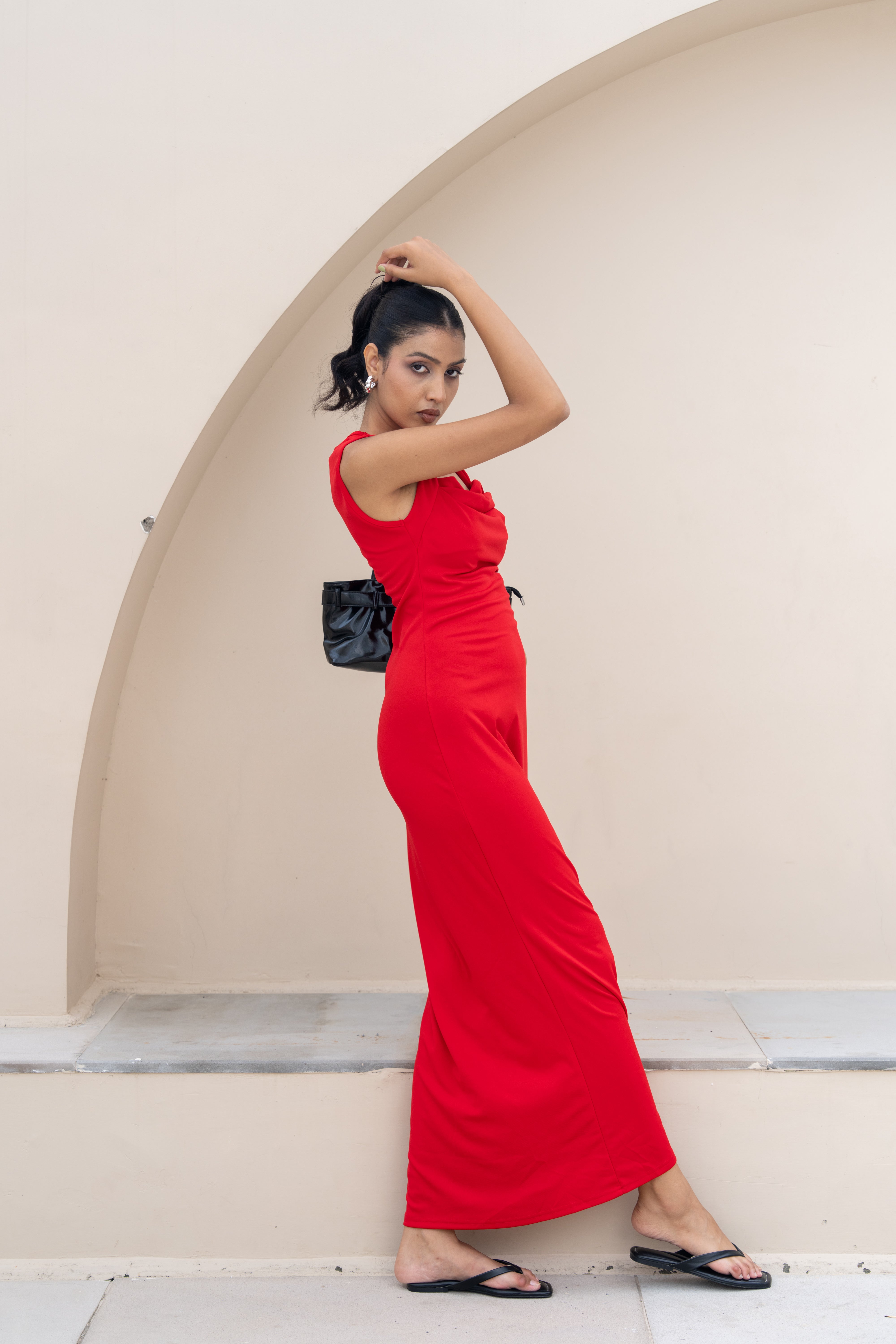 Scarlet Drape Neck Maxi Dress – Elegant Red Evening Gown