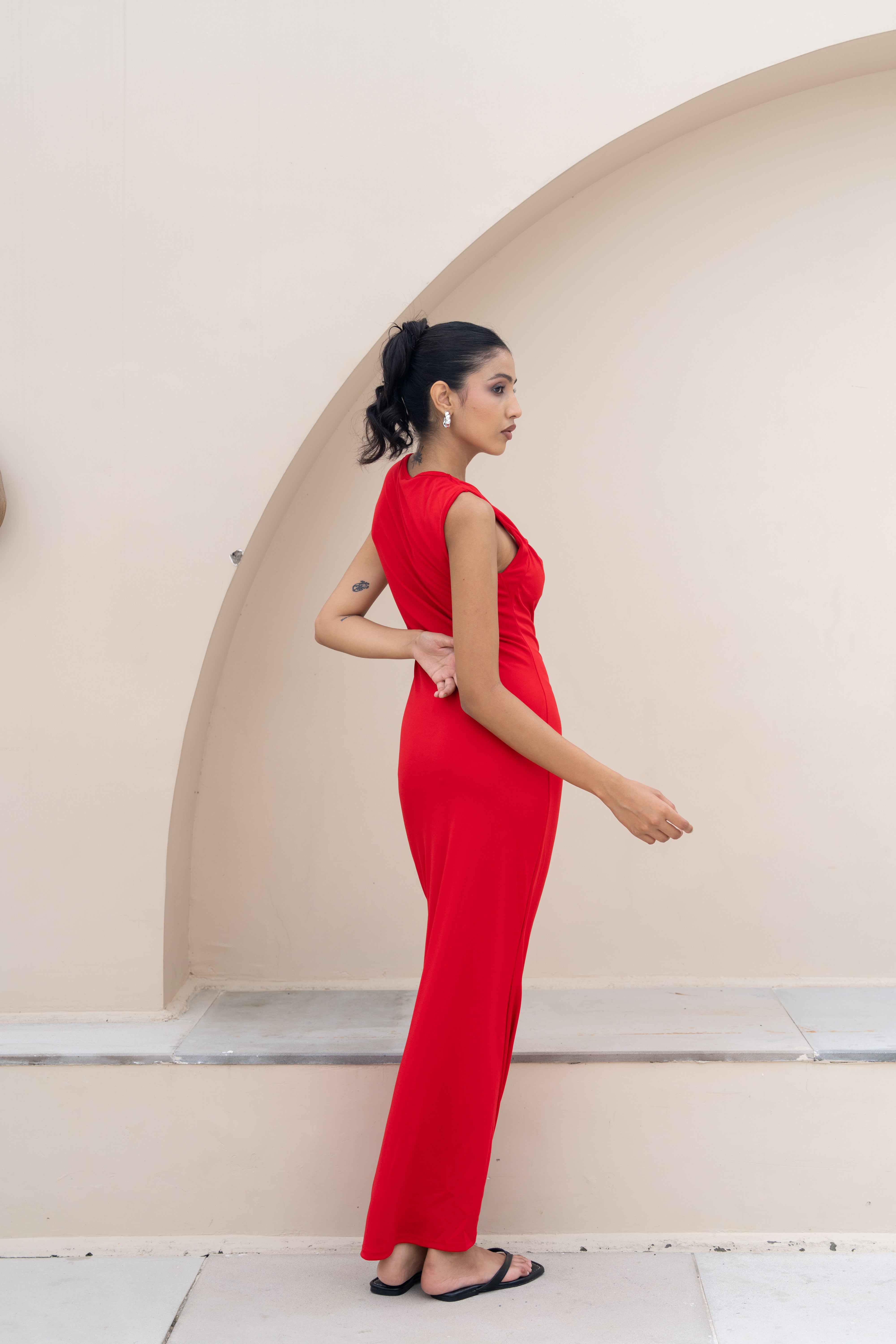 Scarlet Drape Neck Maxi Dress – Elegant Red Evening Gown